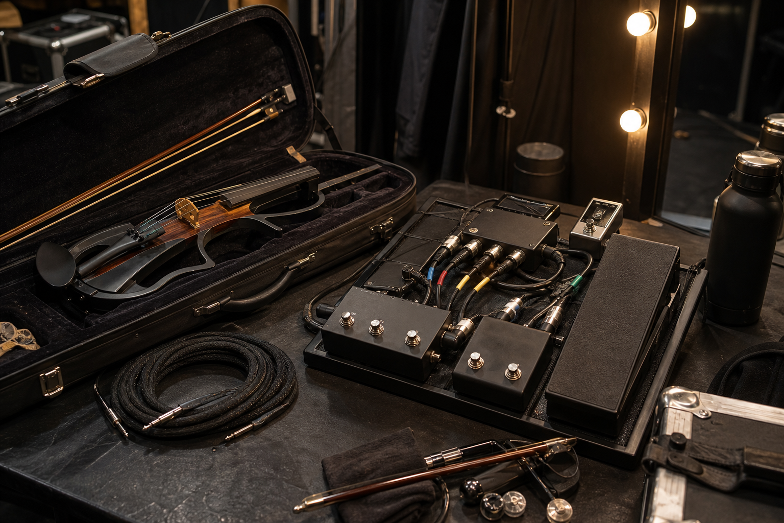 Open electric violin case backstage next to a tidy pedalboard with routing pedal, DI box, cables, and stage accessories