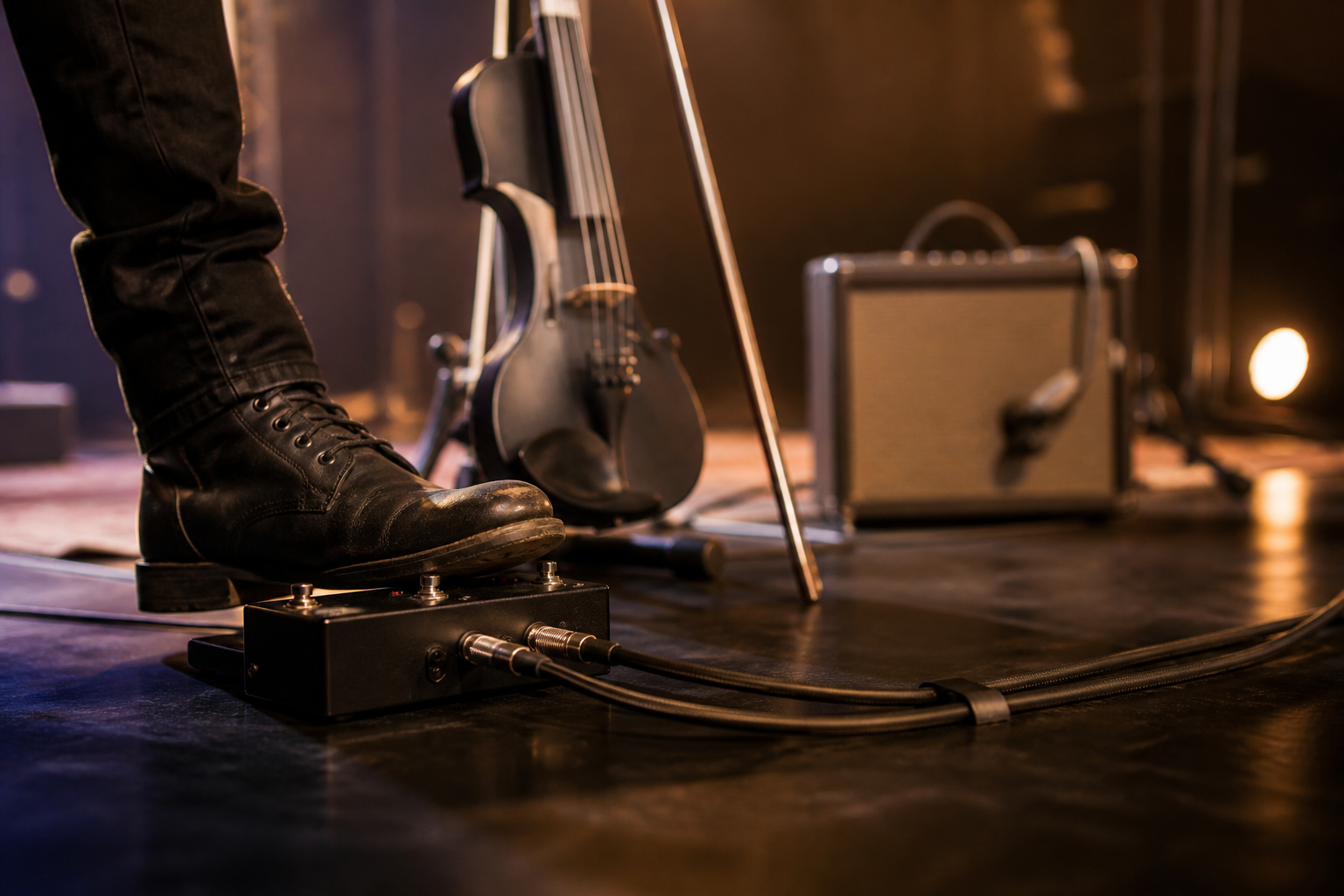 Close-up of a performer boot pressing a routing pedal switch next to an electric violin and split stage cables