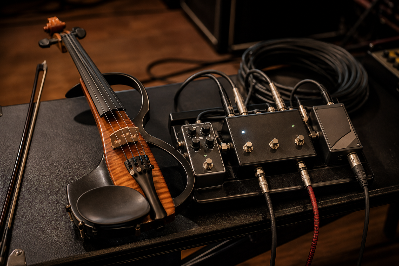Electric violin resting beside a compact routing pedalboard with ABY pedal, DI box, and clearly separated output cables