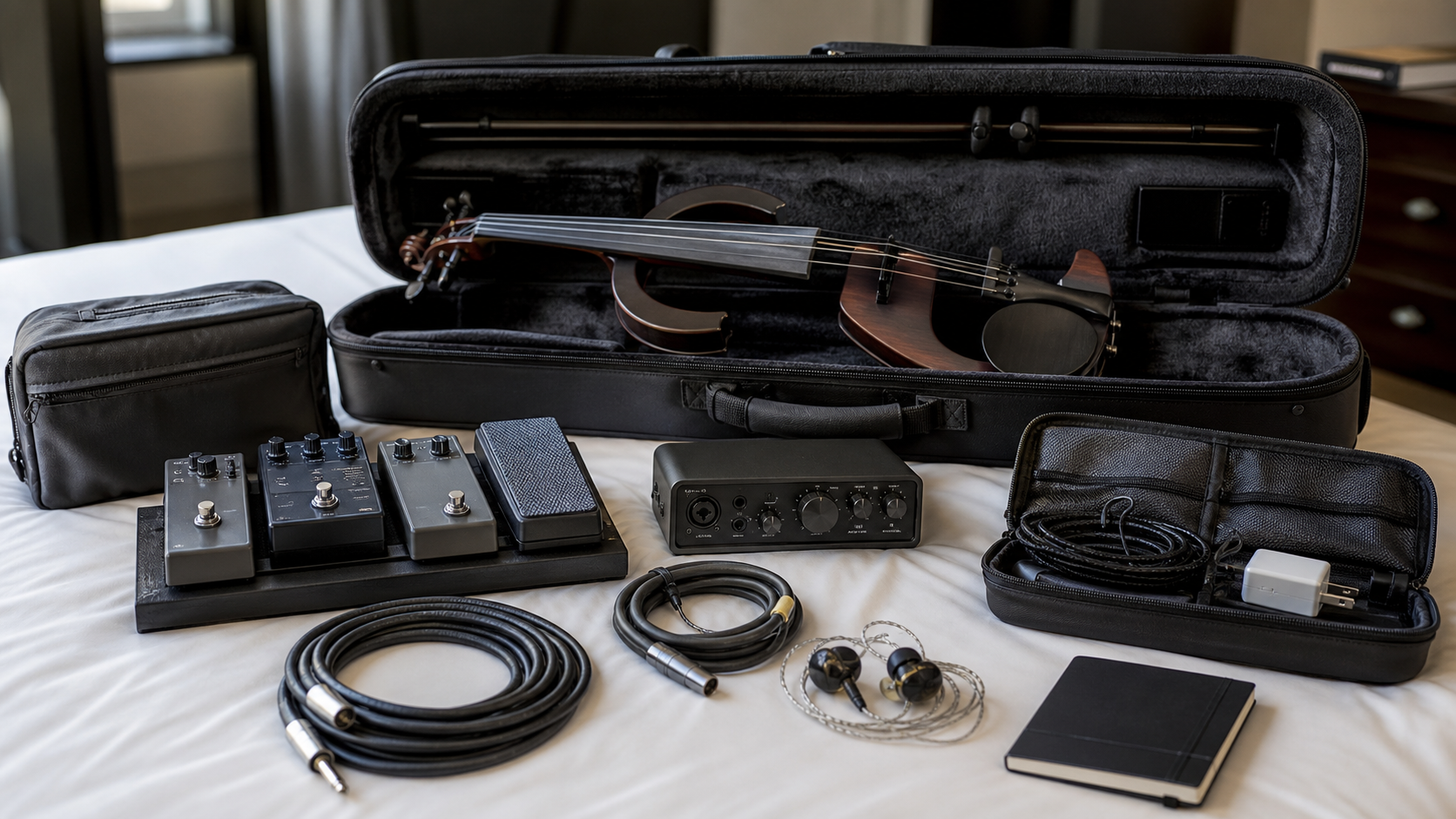 Подреден electric violin fly rig с компактни amp sim педали интерфейс кабели и in-ear монитори, готов за пътуване