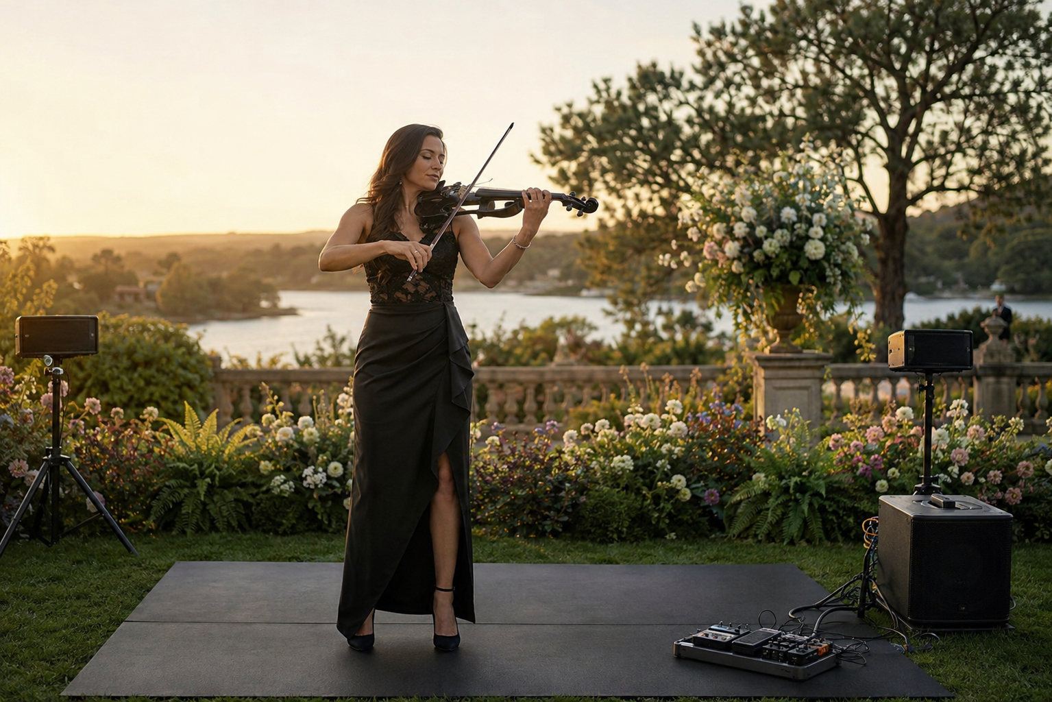 Electric violin артист на outdoor сватбен сет върху нископрофилна черна каучукова сценична постелка
