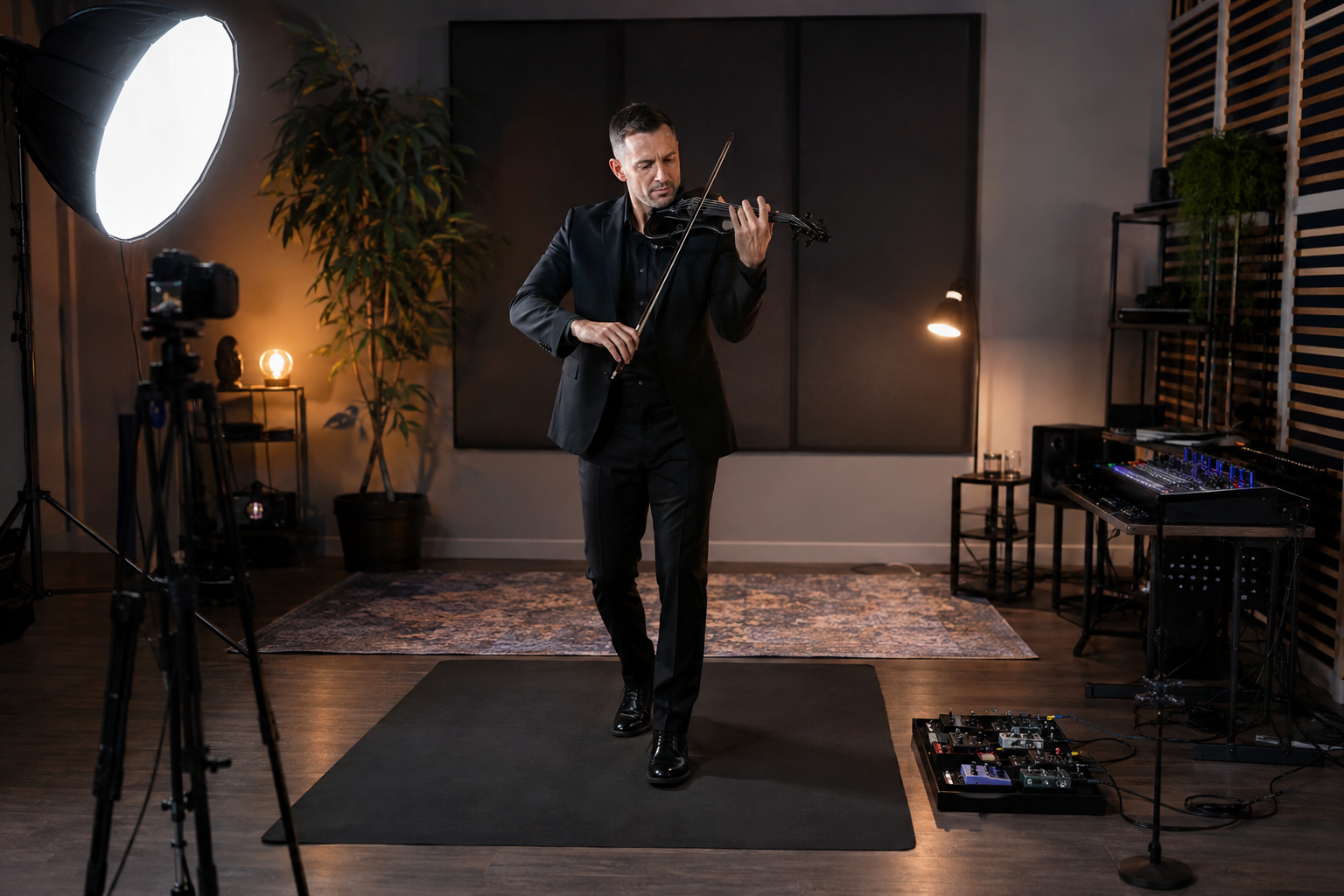 Electric violin content creator записва standing performance върху тъмна anti-fatigue постелка в home studio