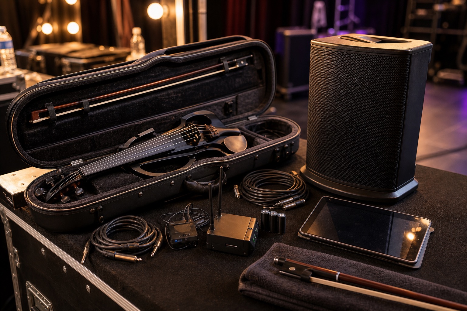 Отворен калъф за електрическа цигулка до компактна PA колона, кабели, wireless pack и backstage таблет