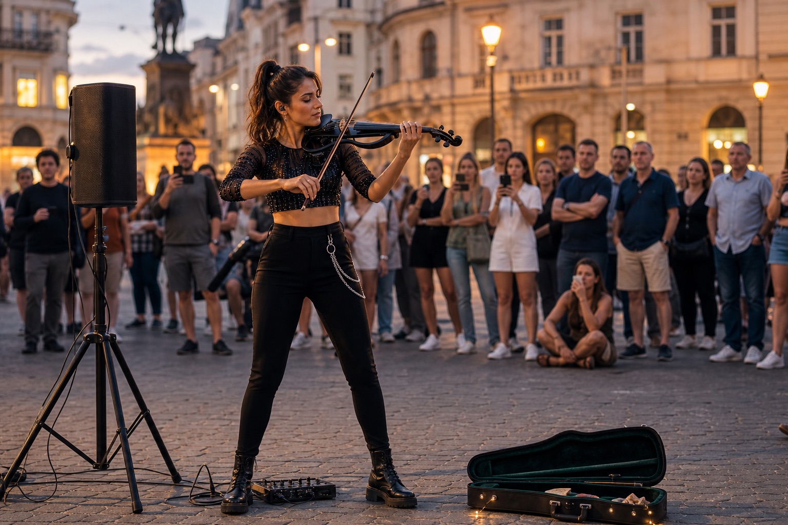 Electric violin busker в градски площад с portable PA колона, компактен pedalboard и отворен калъф за бакшиши