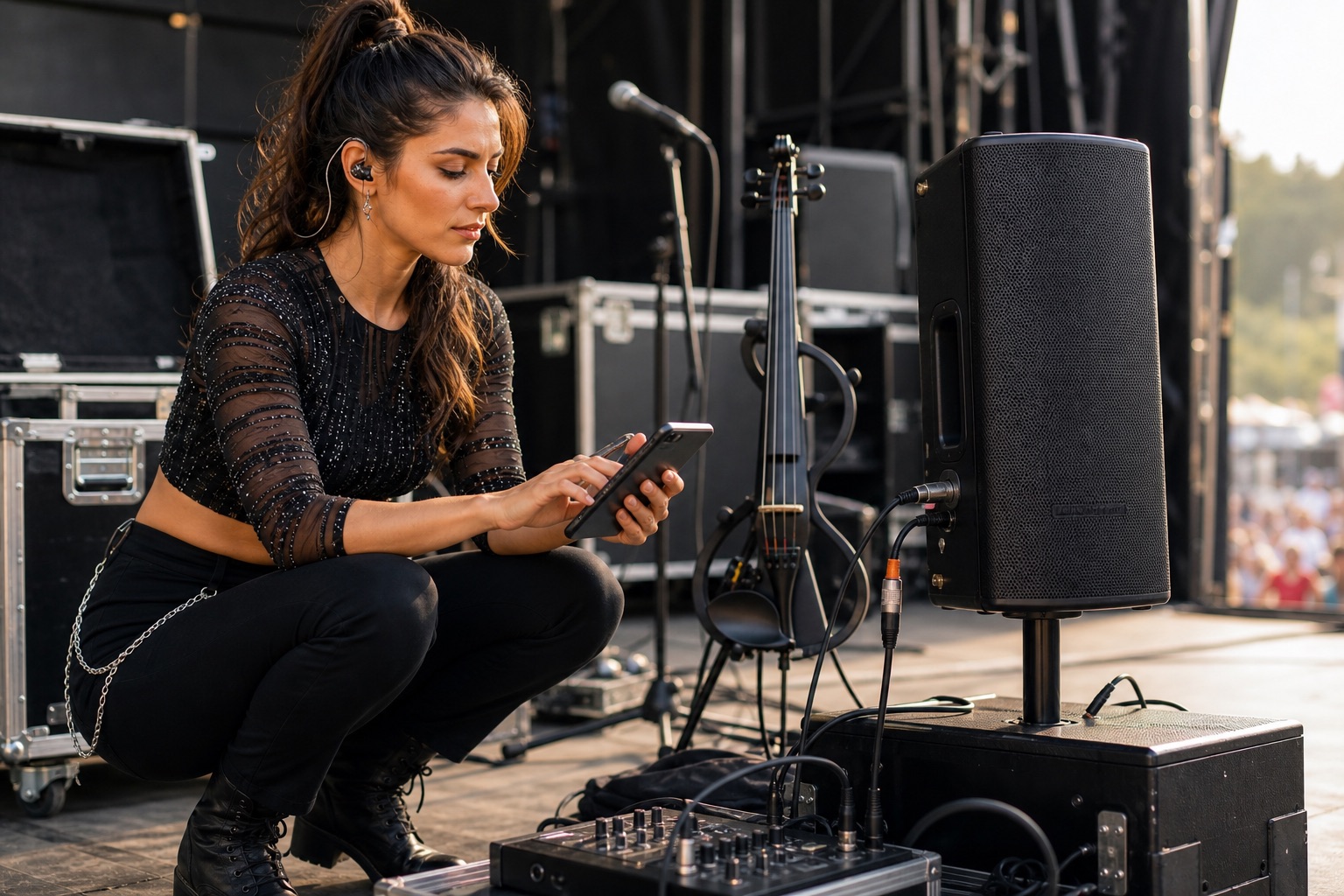 Изпълнителка на електрическа цигулка настройва portable PA колона от телефон по време на backstage soundcheck