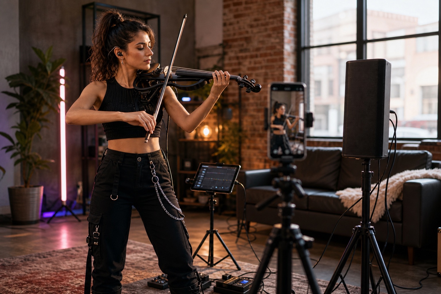 Electric violin content creator репетира до батерийна PA колона, докато снима вертикално видео в loft studio