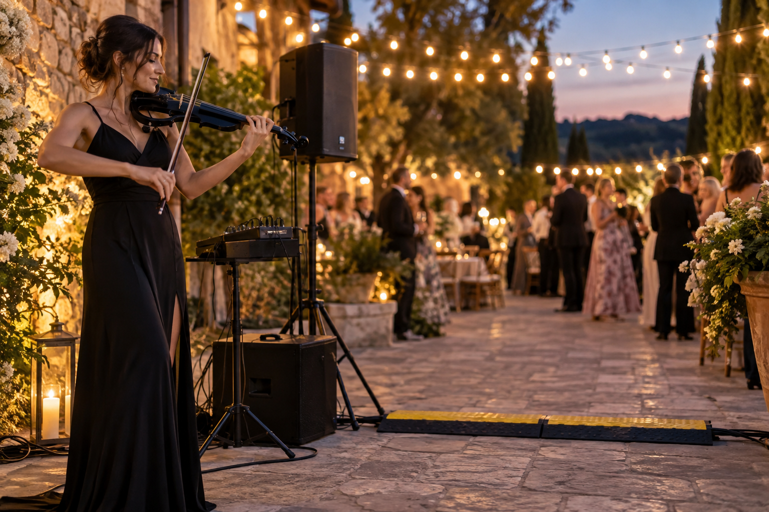 Outdoor electric violin сватбено изпълнение с видим cable ramp на пътеката за гости