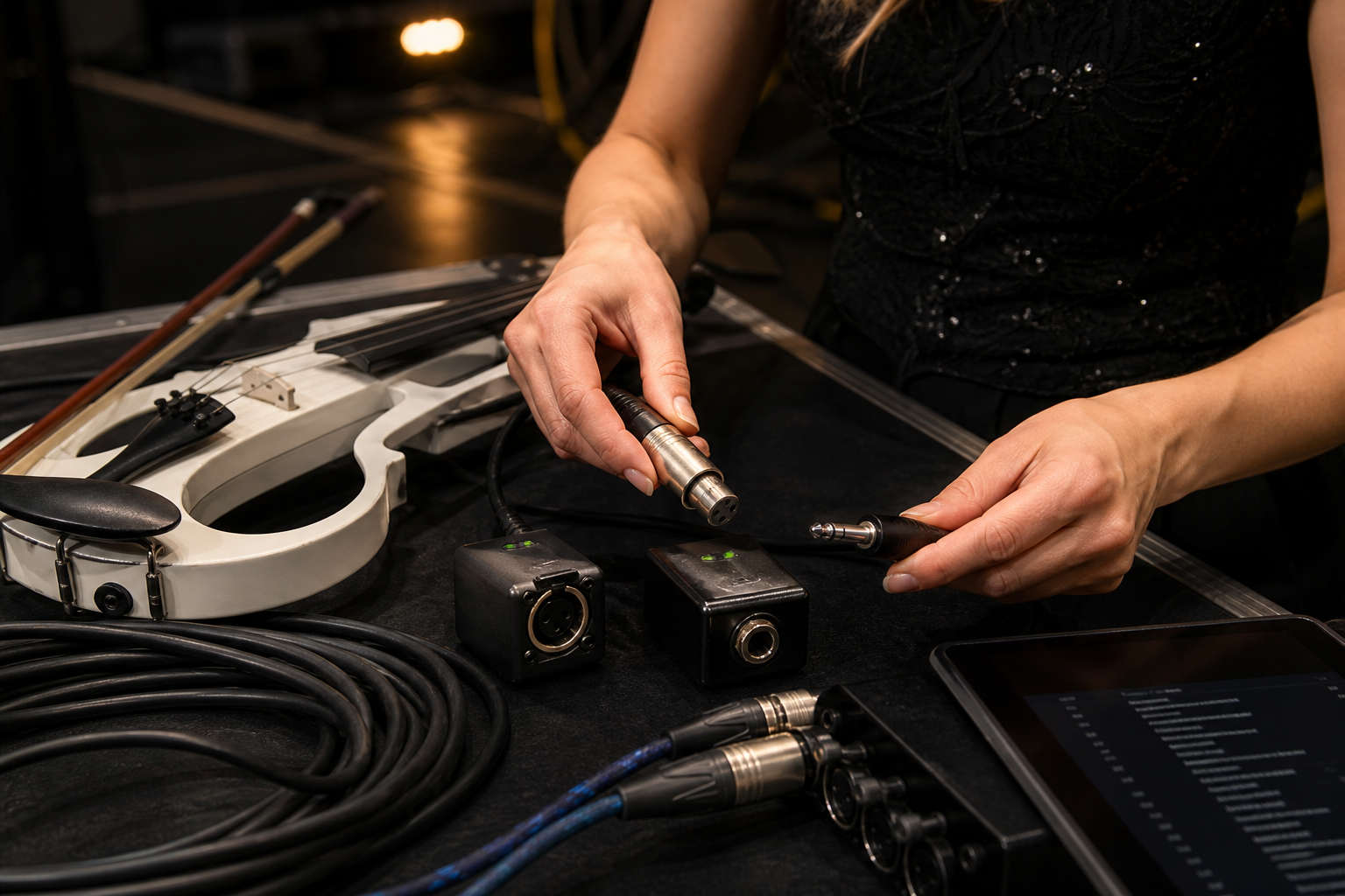 Близък кадър на ръцете на electric violin изпълнителка, която проверява XLR и quarter-inch кабели с компактни tester инструменти върху сценичен куфар