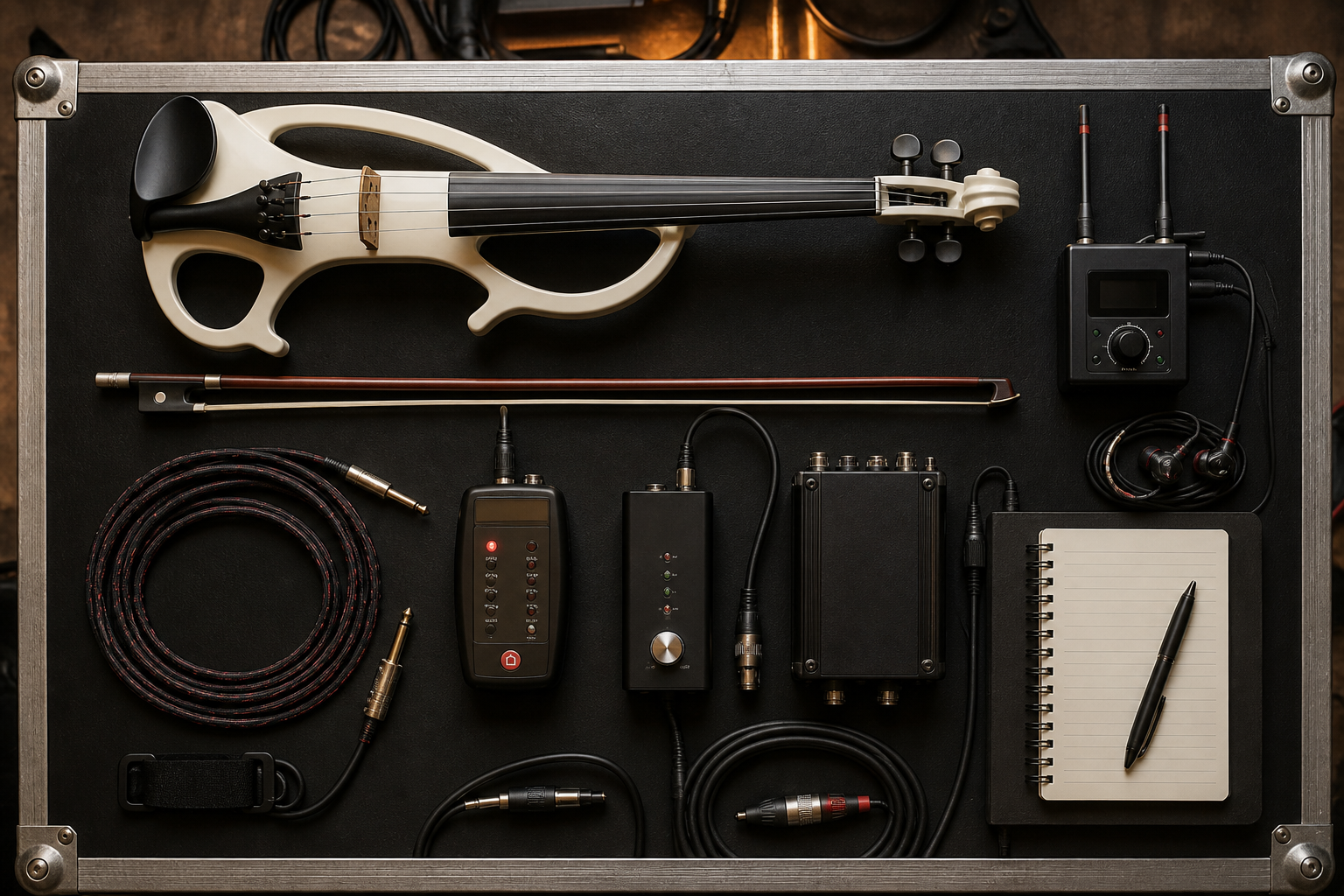 Подреден отгоре electric violin сценичен kit с бяла електрическа цигулка, audio cable tester-и, DI box, wireless pack, кабели и бележник