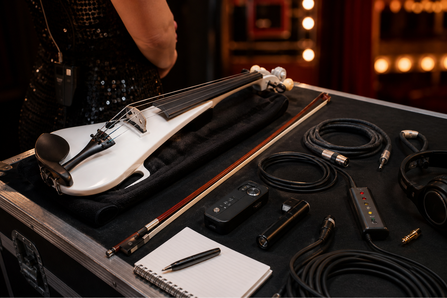 Подреден stage-side troubleshooting kit с компактни audio tester-и, резервни кабели, слушалки, бележник и бяла електрическа цигулка, готова за участие