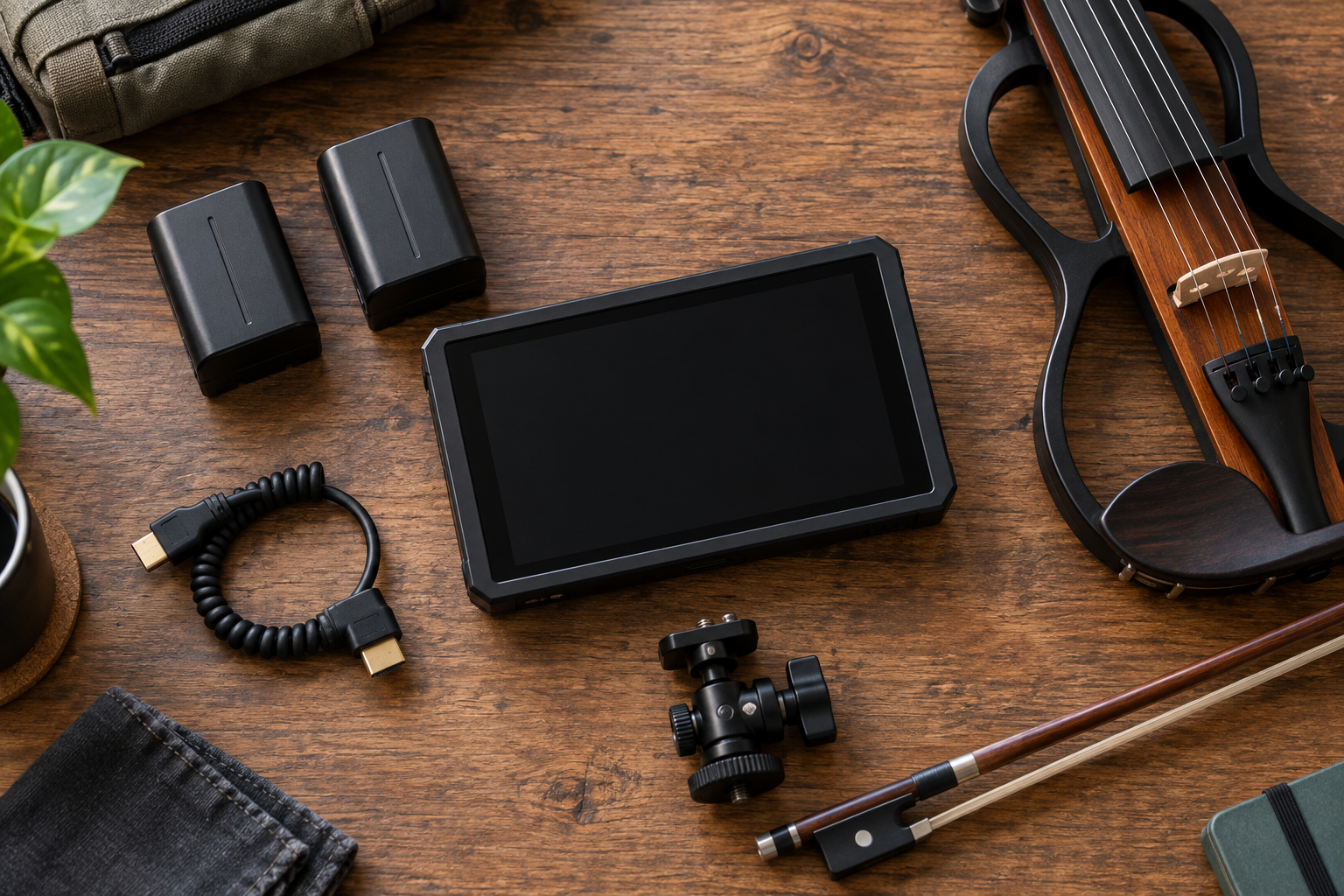 Външен монитор за камера батерии HDMI кабел и стойка до електрическа цигулка