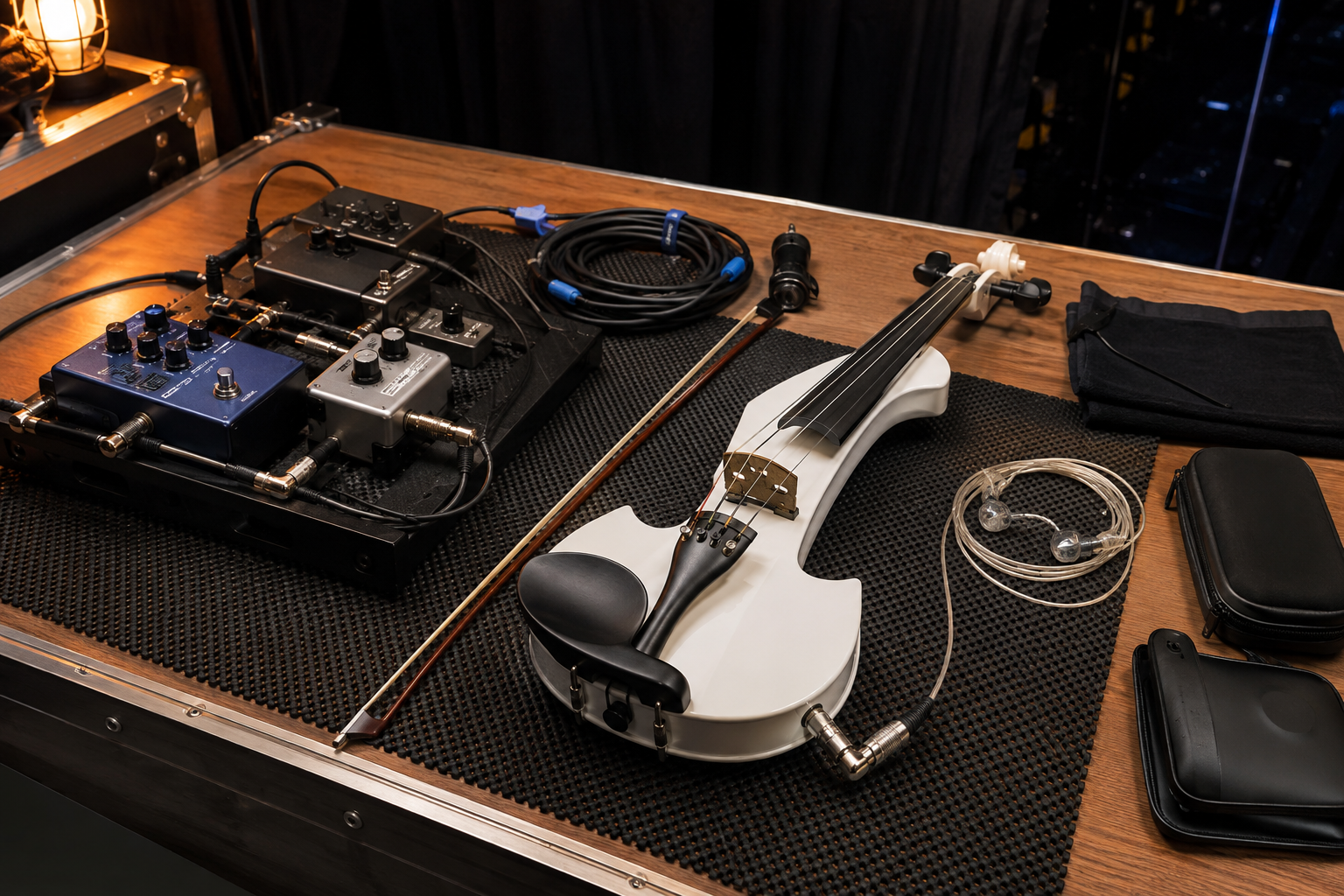 Backstage electric violin rig с бяла цигулка, компактен chorus pedal, in-ear монитори, кабели и подреден pedalboard преди шоу
