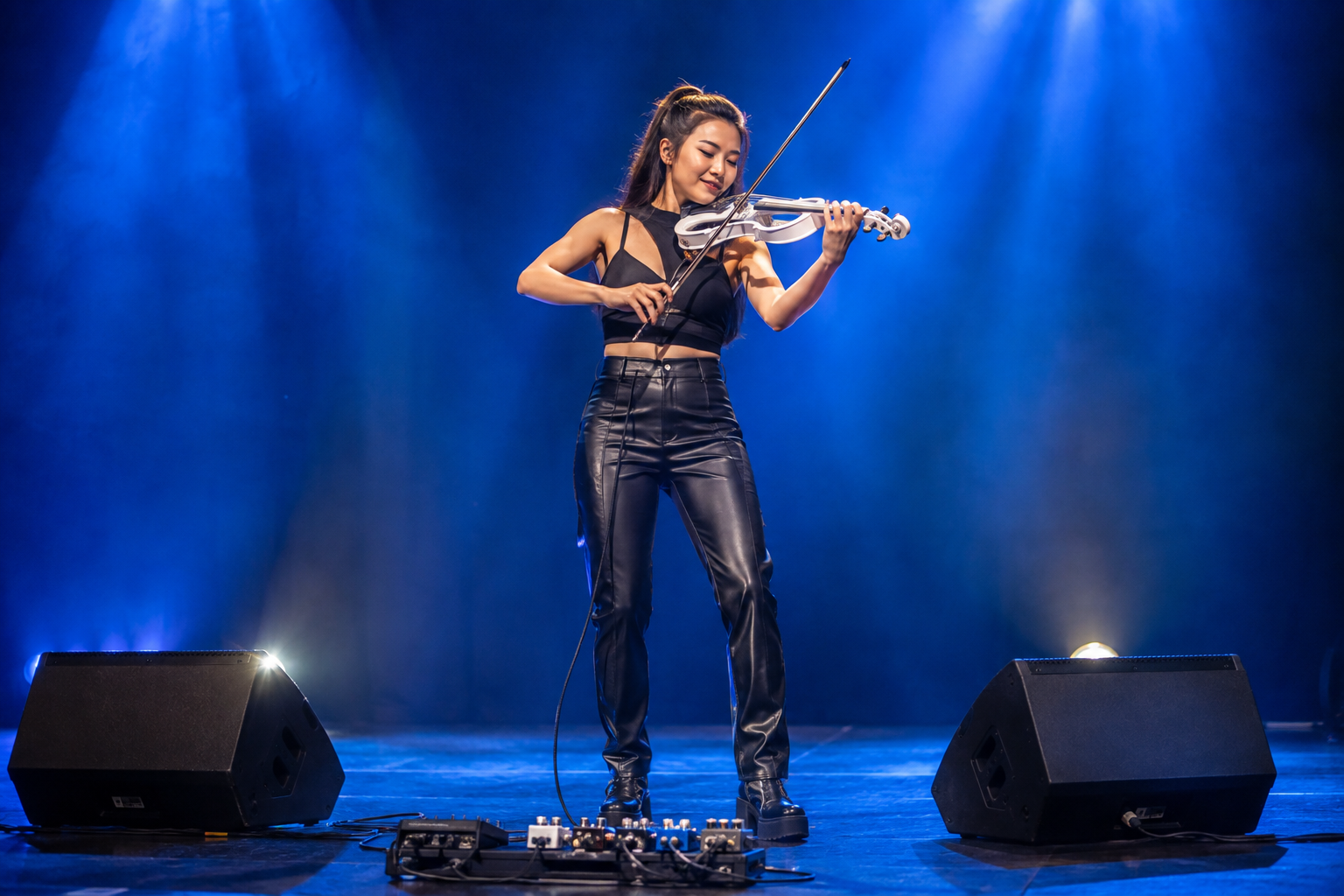 Electric violin изпълнителка на stereo сценичен риг с две колони и широка chorus картина под синя концертна светлина