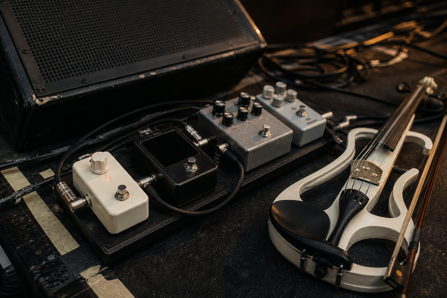 Близък кадър на electric violin pedalboard с компактен clean boost педал до бяла електрическа цигулка и wedge monitor