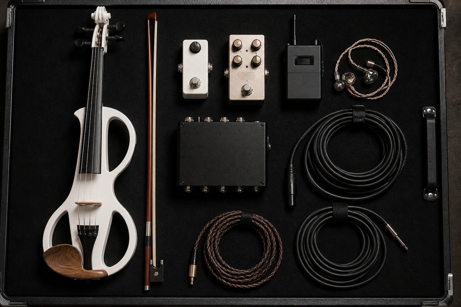 Подреден отгоре electric violin fly-date риг с clean boost педали, DI box, wireless pack, in-ear монитори и подредени кабели