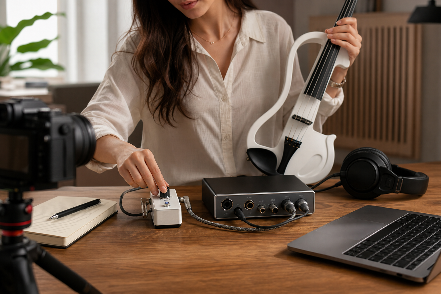 Electric violin content creator насочва бяла електрическа цигулка през компактен clean boost педал към audio interface на studio бюро