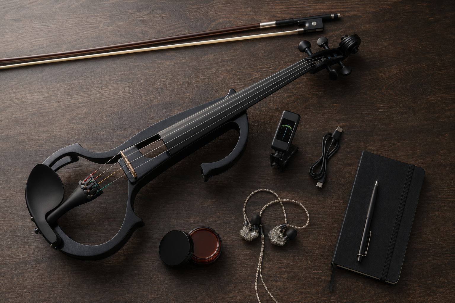 Flat lay на electric violin performer kit с clip-on tuner, USB-C кабел, in-ear монитори, лък, колофон и тефтер върху тъмна дървена маса