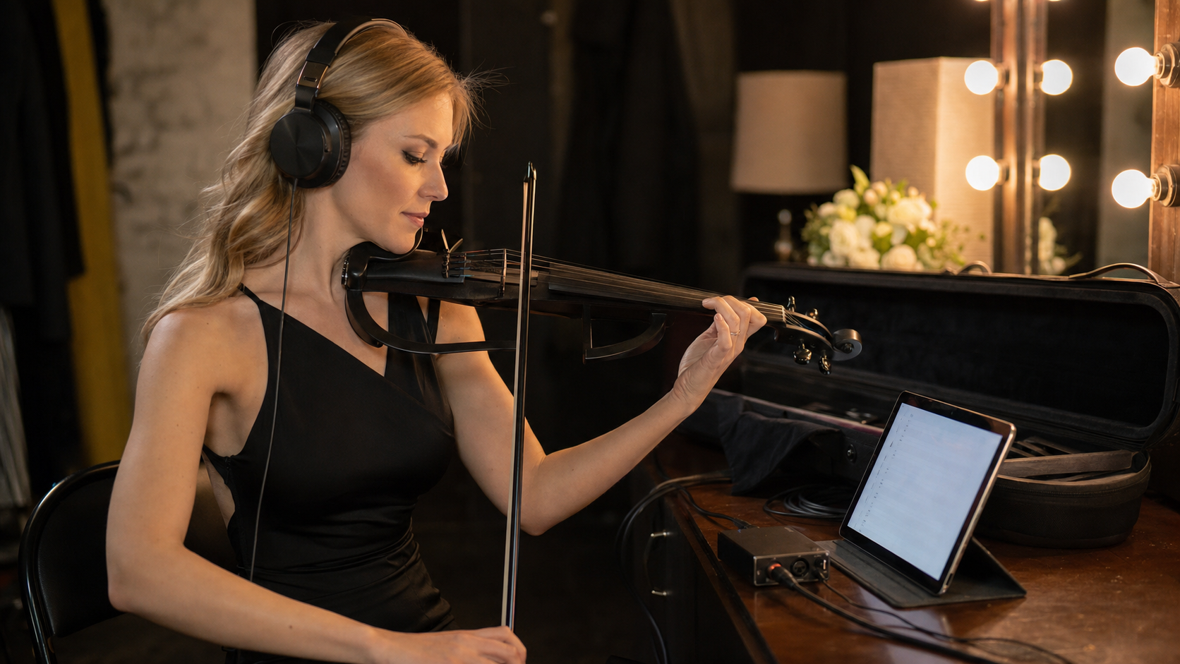 Electric violin изпълнителка в гримьорна репетира тихо със closed-back слушалки, таблет и компактен audio interface