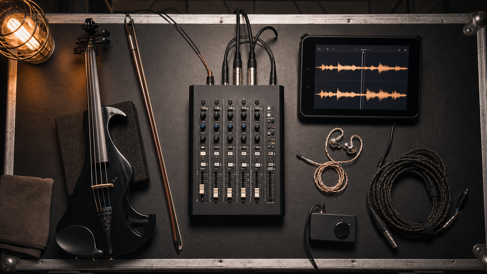 Поглед отгоре към компактен live mixer, черна електрическа цигулка, in-ear monitors, таблет и playback кабели, подредени за елегантен solo performance rig