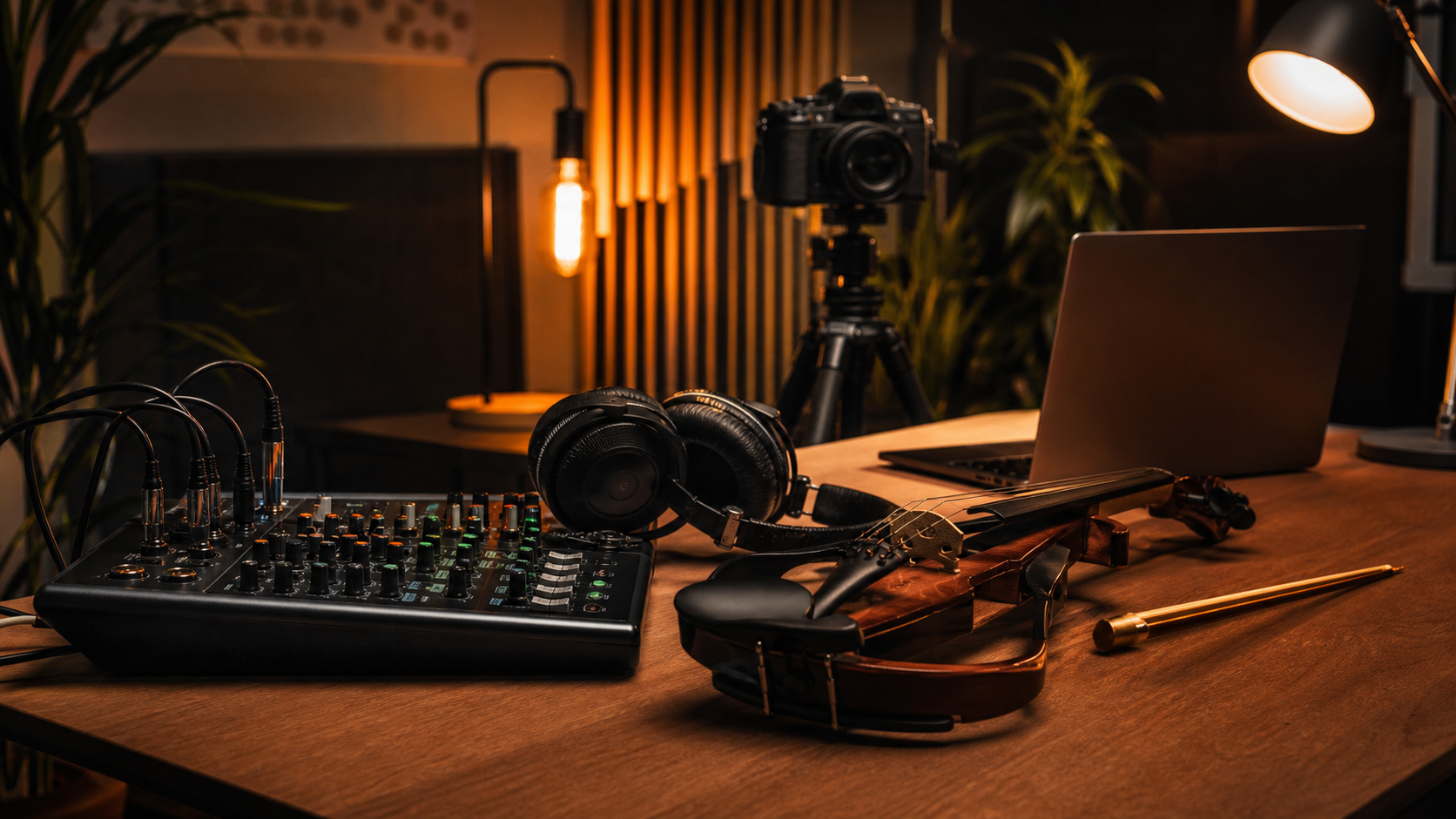 Модерно creator бюро с електрическа цигулка, компактен mixer, камера, слушалки и лаптоп, подготвени за live performance capture и backing track control