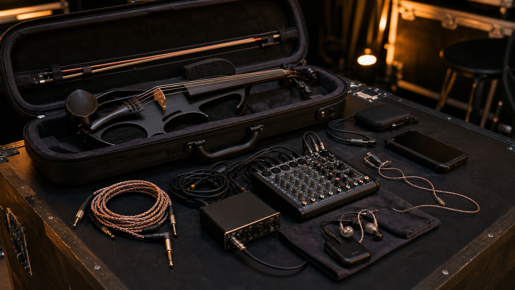 Отворена gig bag с електрическа цигулка, компактен mixer, DI box, резервни кабели, backup phone playback устройство и in-ear monitors, подредени за сценична подготовка