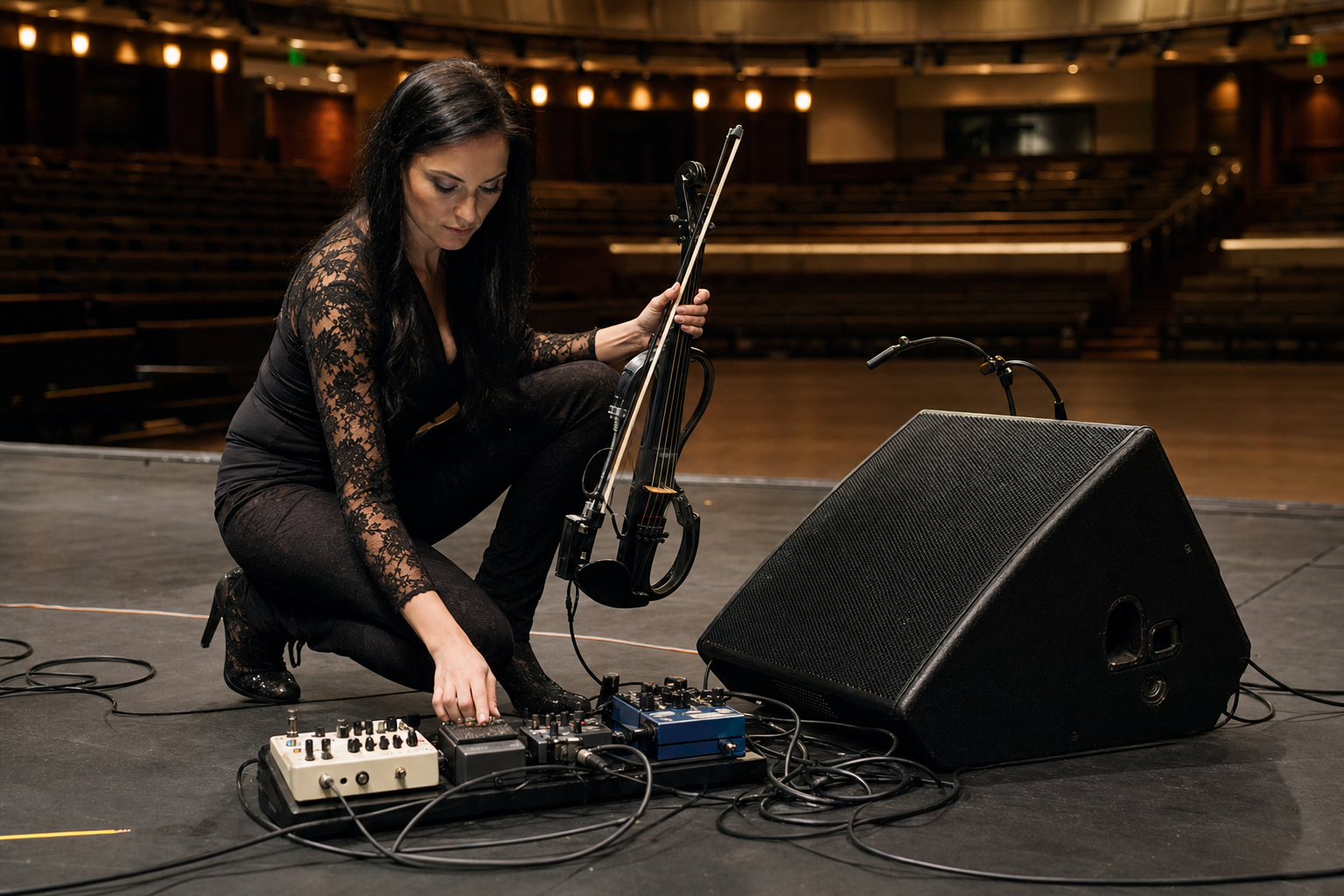 Electric violin изпълнителка по време на soundcheck настройва compressor pedal до direct box и сценичен монитор в празна зала