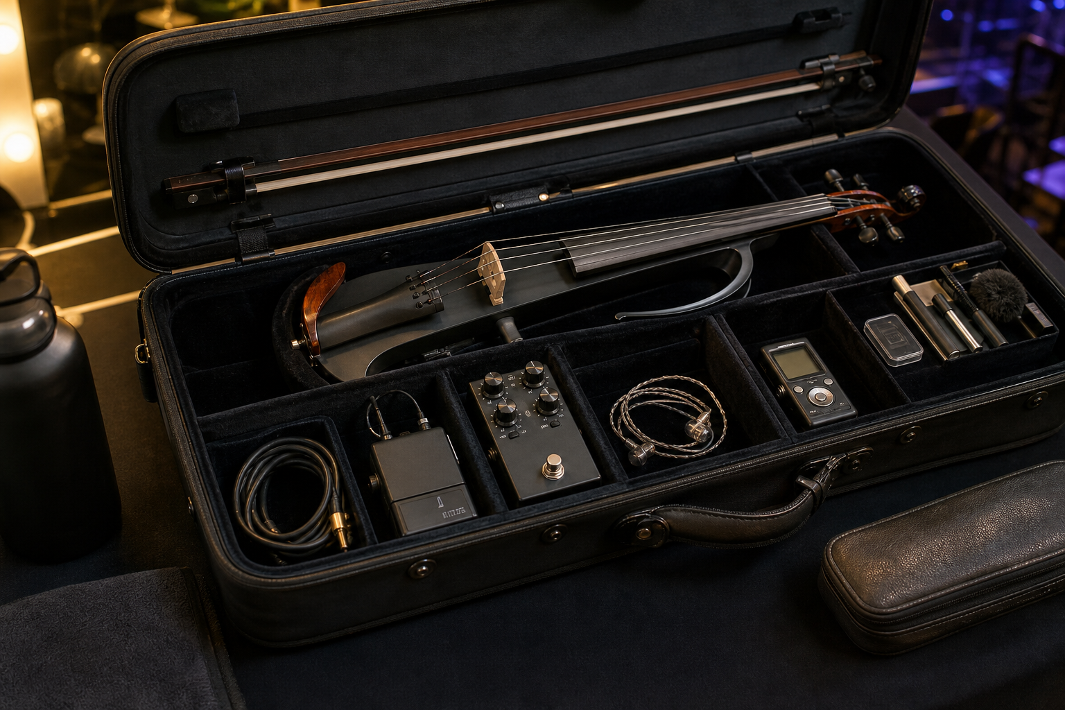 Travel-ready electric violin калъф с compressor pedal, wireless pack, in-ear монитори, резервен кабел и creator recording аксесоари