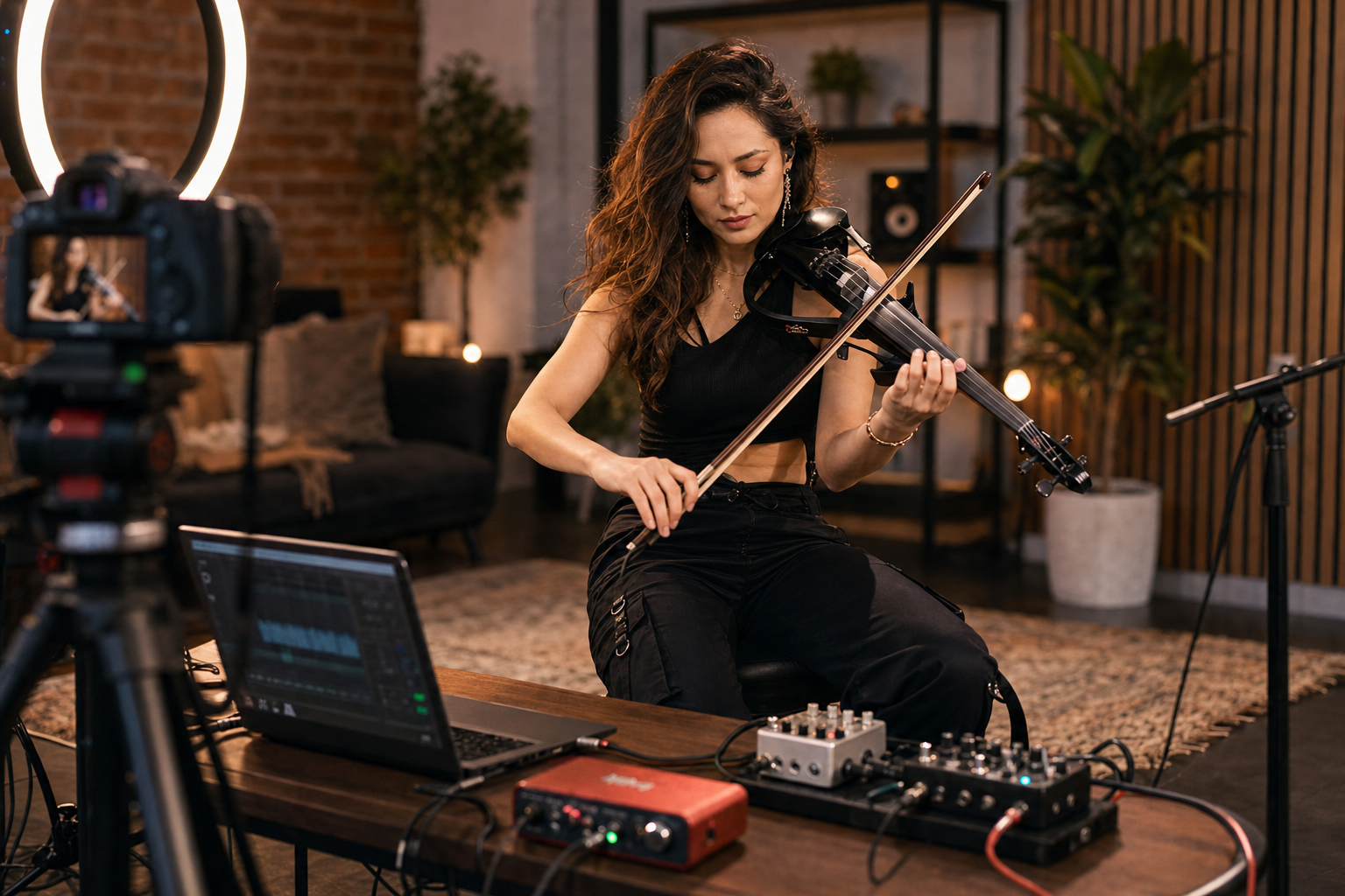 Electric violin content creator записва в loft studio с камера лаптоп интерфейс и компактен delay pedal chain на масата