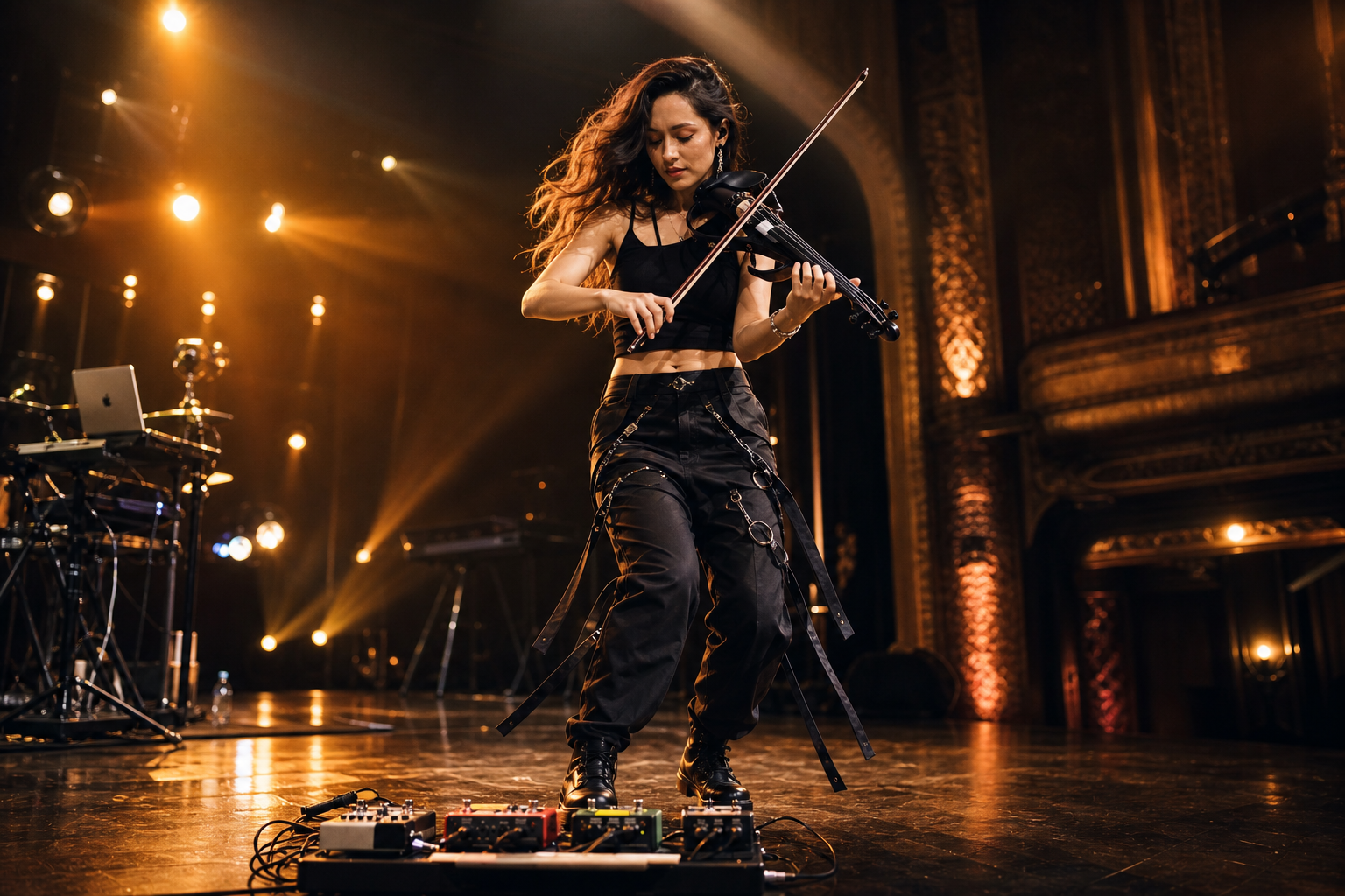 Световна electric violin изпълнителка свири live сет в кехлибарена светлина с delay-ориентиран pedalboard в предната част на сцената