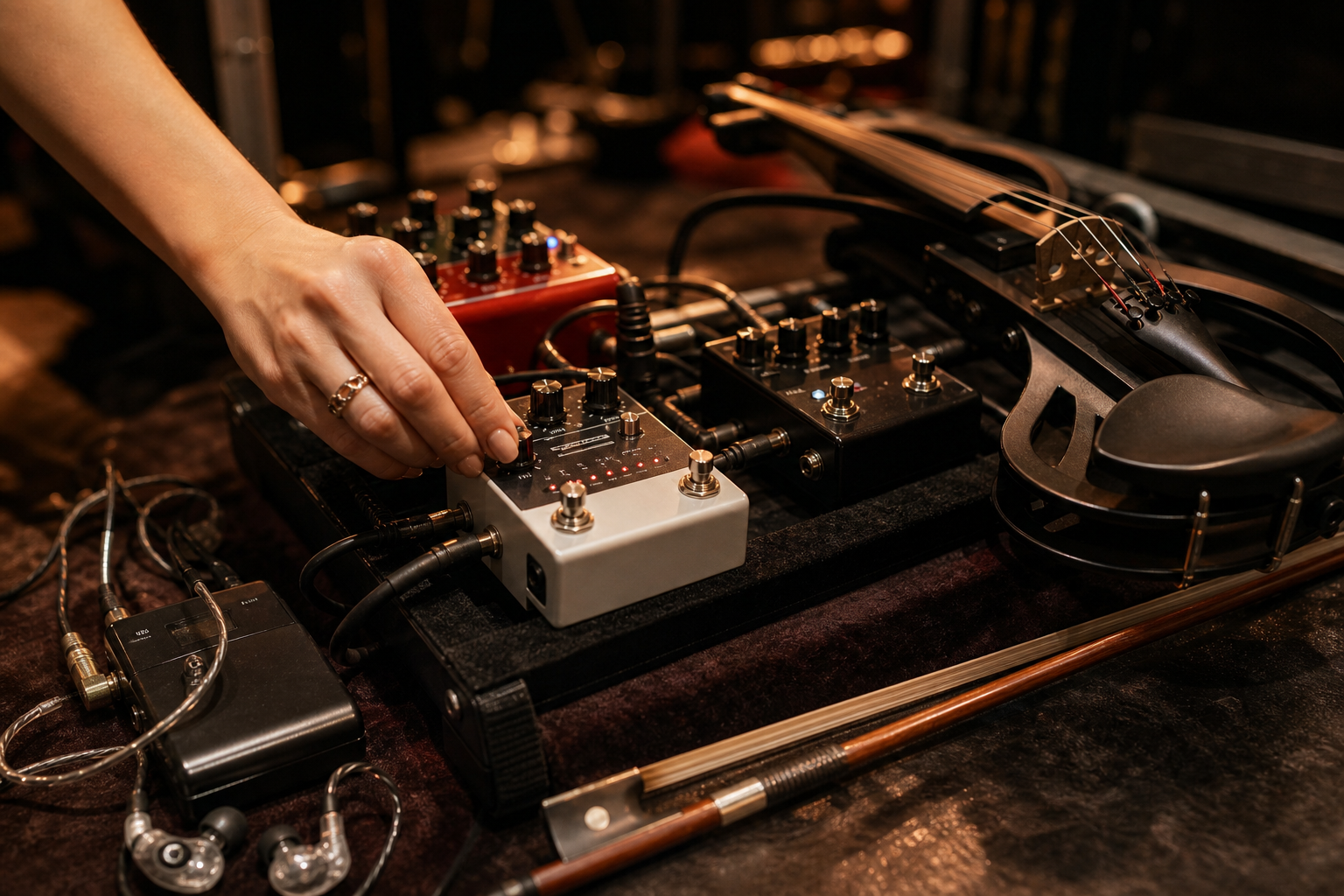 Близък кадър на ръката на изпълнителка, която настройва delay педал върху electric violin pedalboard до in-ear монитори и лък