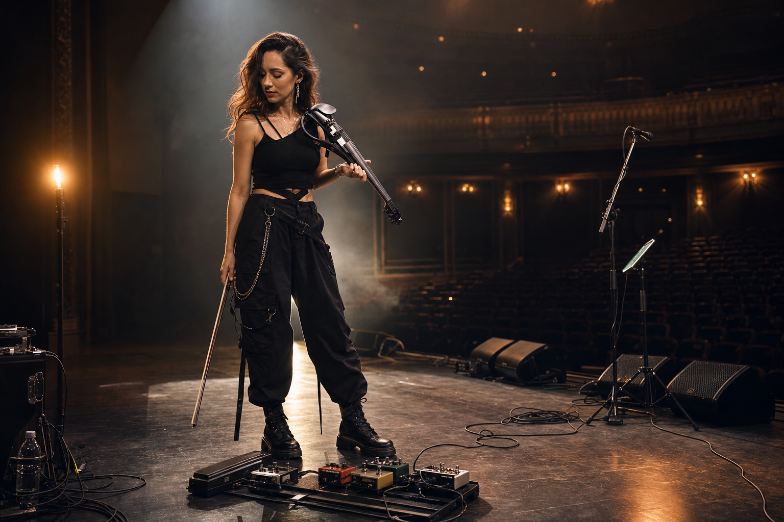 Electric violin изпълнителка стои на празна театрална сцена по време на line check с компактен floor rig около delay педали
