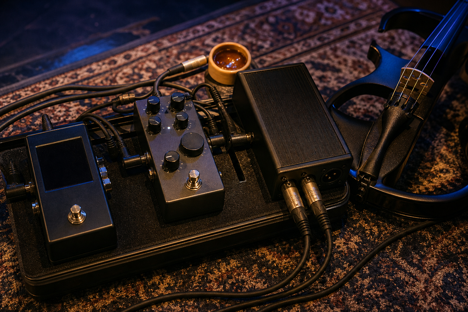 Близък кадър на electric violin pedalboard с acoustic preamp, DI box, кабели и колофон под топло сценично осветление