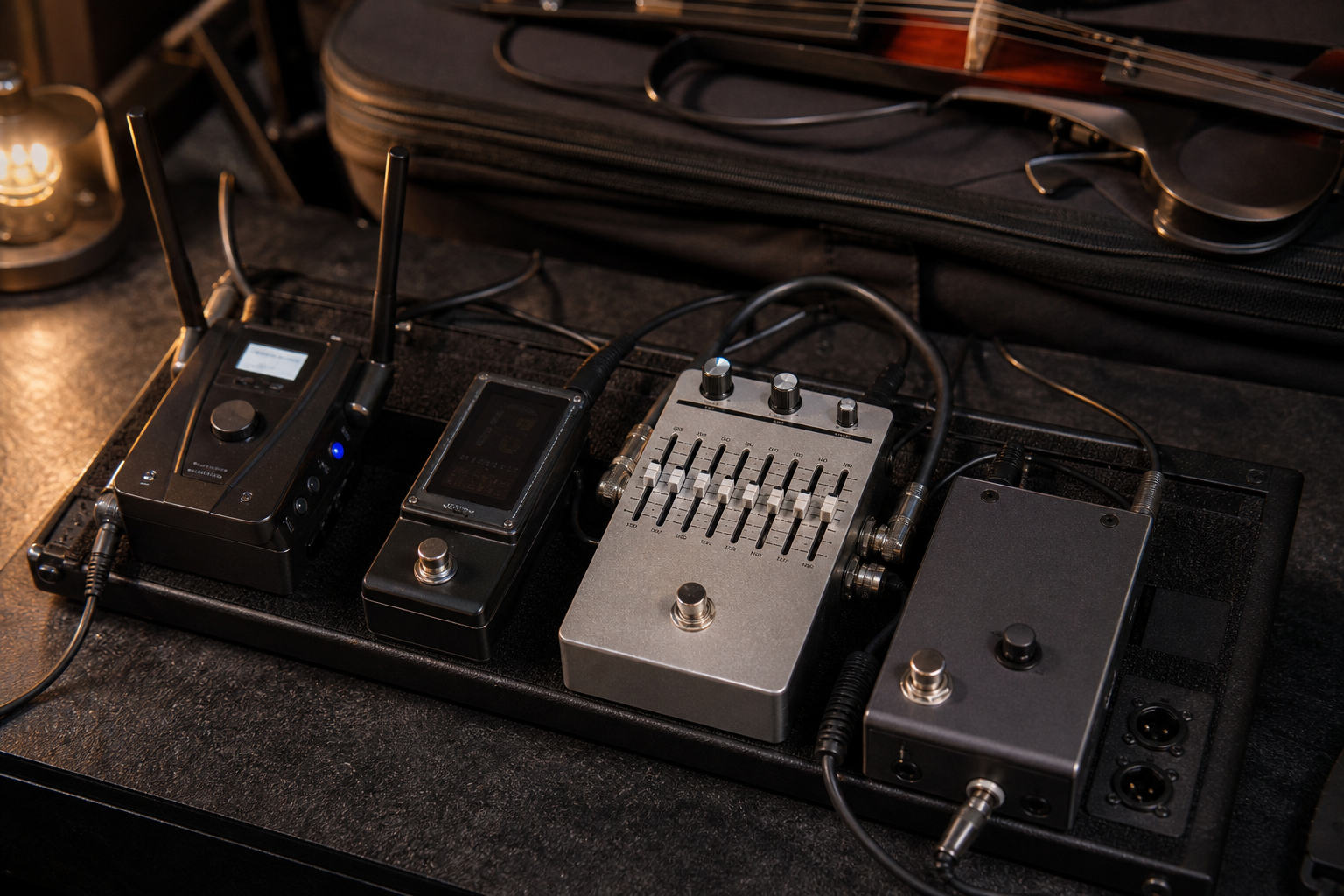 Backstage close-up на electric violin педалборд с EQ pedal, wireless система и direct box