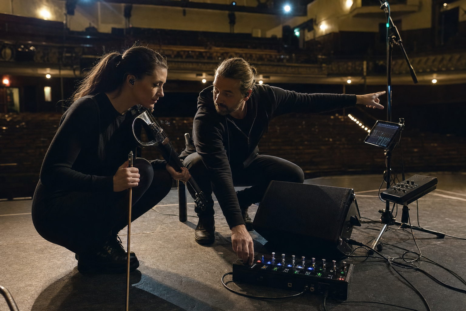 Electric violin изпълнителка и live инженер настройват EQ pedal по време на soundcheck в празен театър