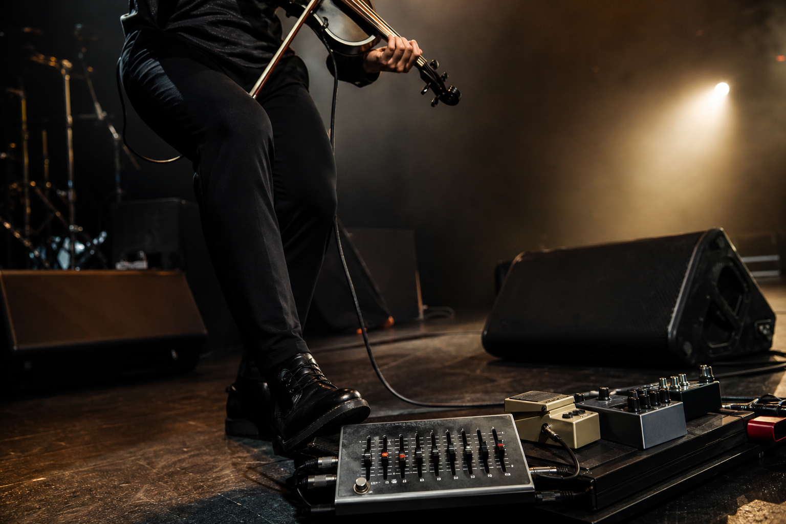 Low-angle live detail на electric violin изпълнител над педалборд с EQ pedal на преден план
