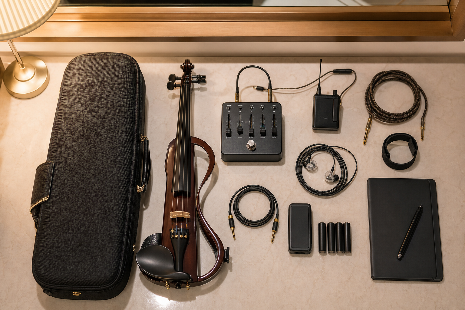 Travel-ready electric violin калъф с EQ pedal, wireless pack, in-ear монитори, кабели и компактен performance kit