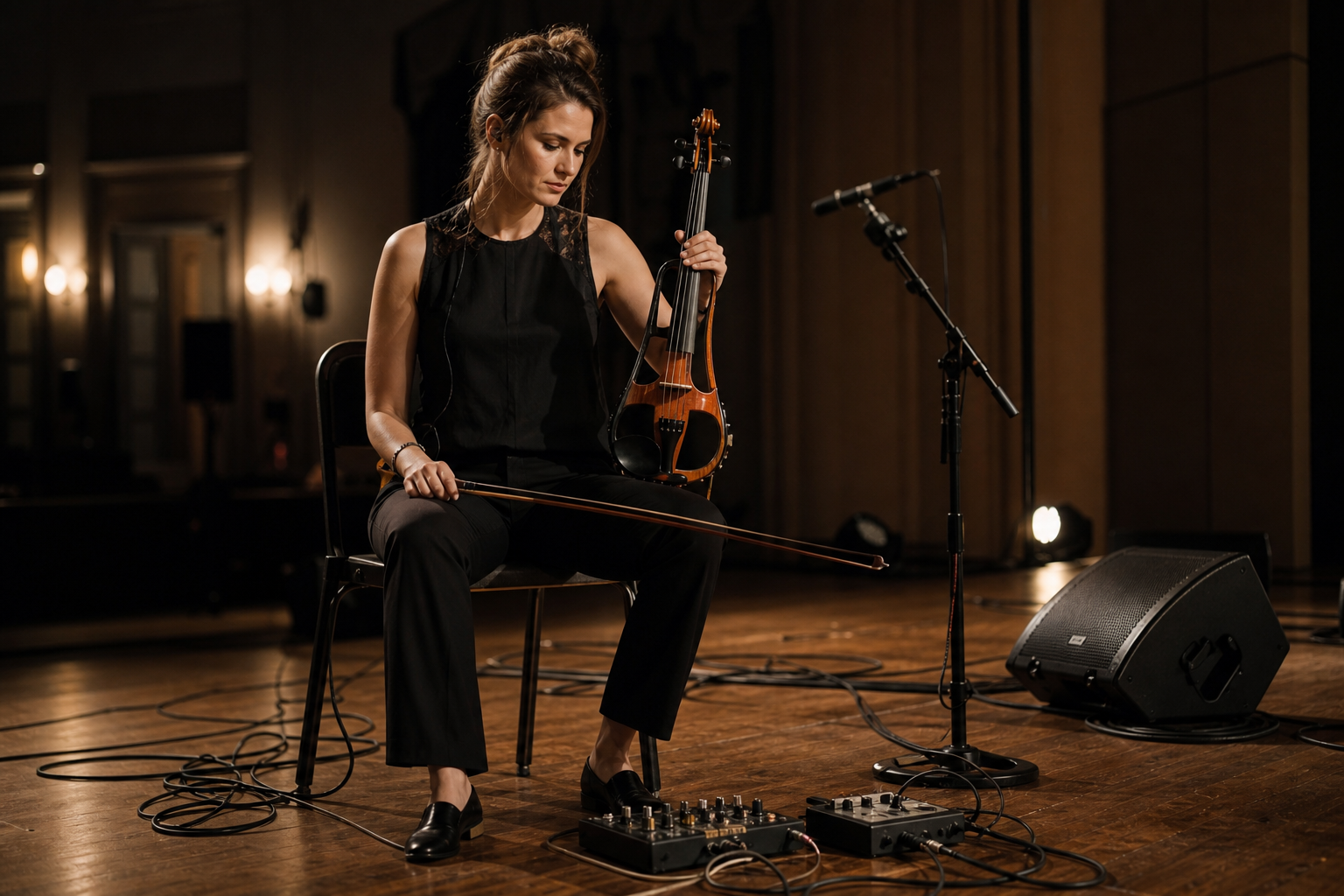 Hybrid acoustic and electric violin soundcheck setup с EQ pedal, сценичен монитор и микрофон в интимен театър