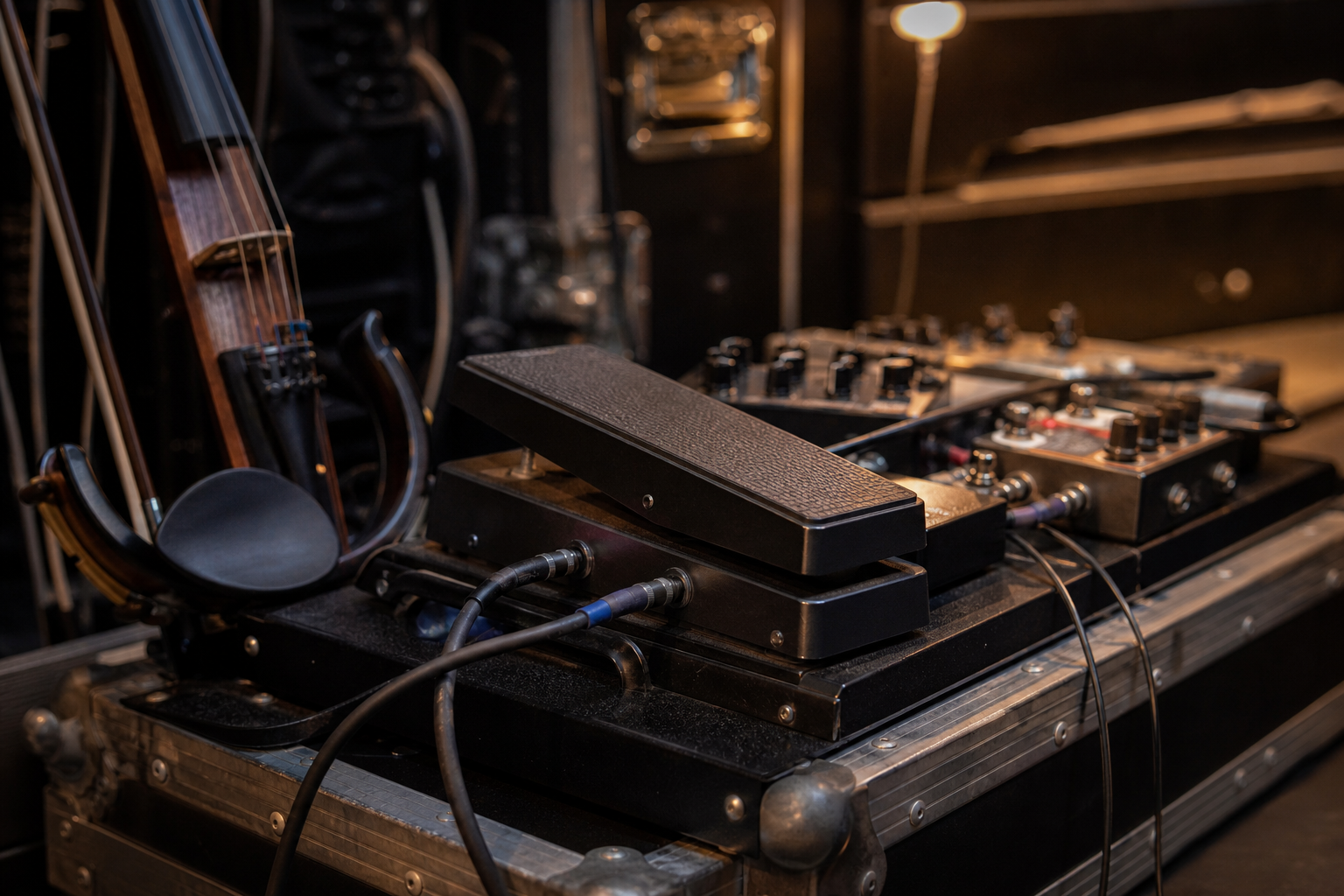 Близък backstage кадър на компактен dual-output expression pedal върху професионален electric violin педалборд