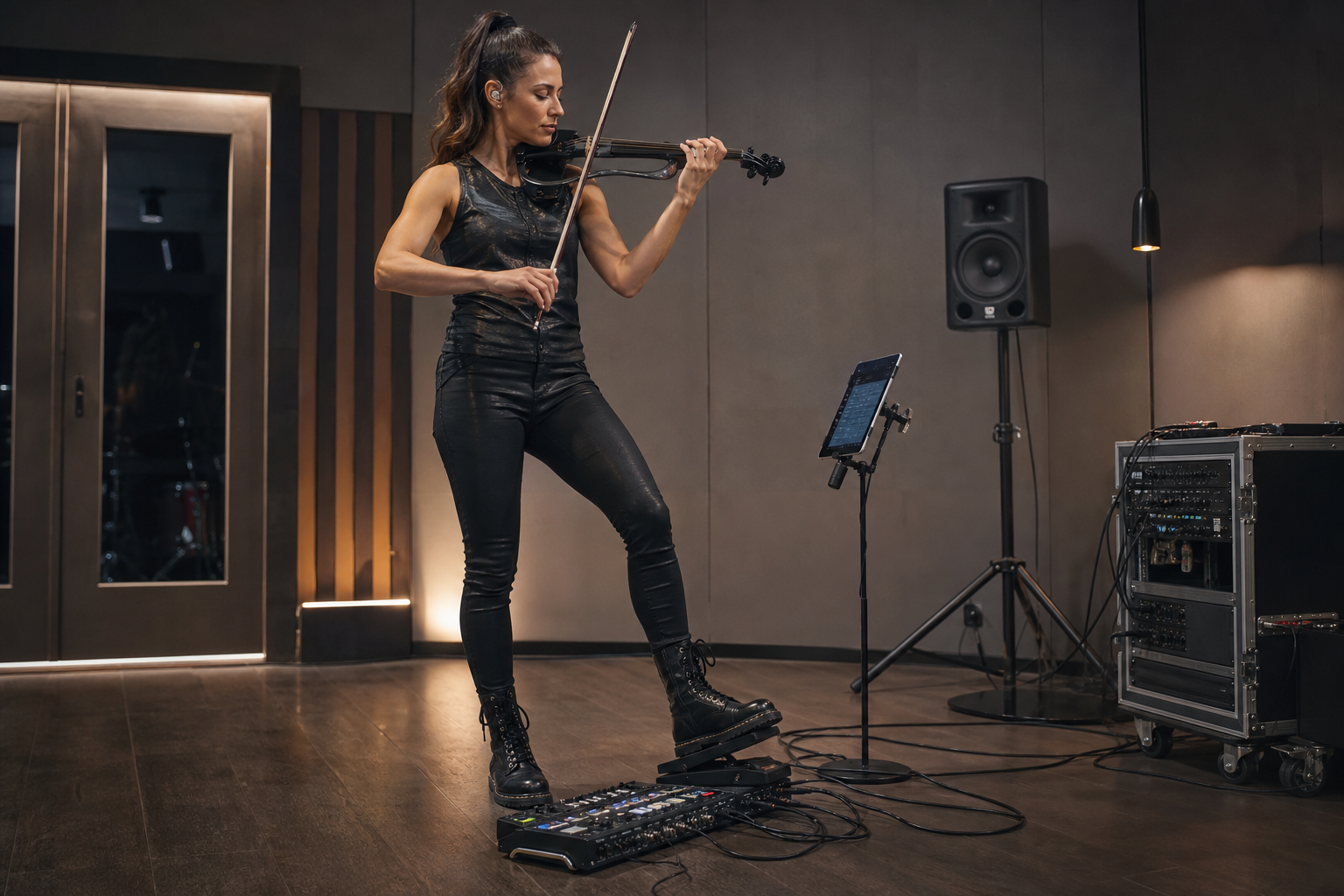 Electric violin изпълнителка на репетиция използва компактен Line 6 стил риг и външен expression pedal