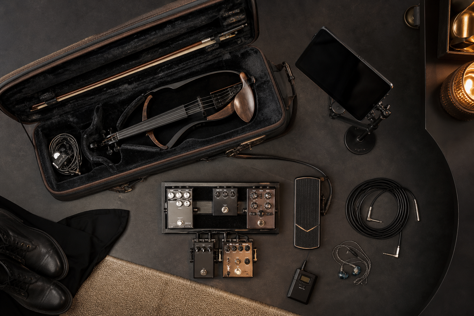 Travel-ready electric violin калъф с компактен педалборд, expression pedal, in-ear монитори и support gear