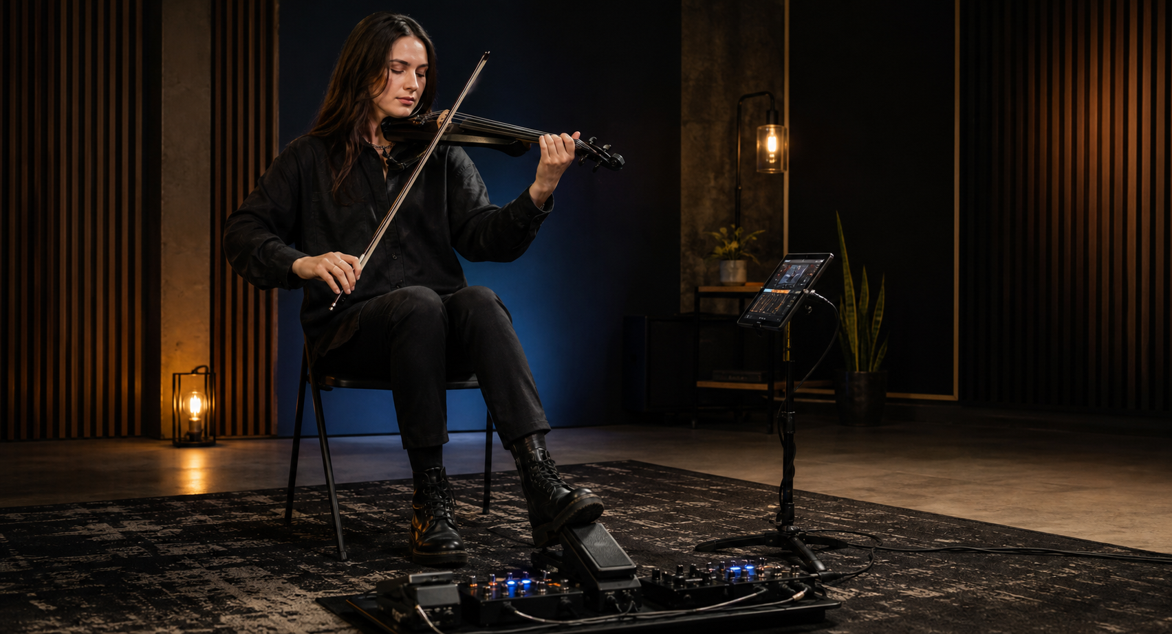 Electric violin изпълнителка в polished studio-performance setup използва expression pedal с tablet-controlled rig