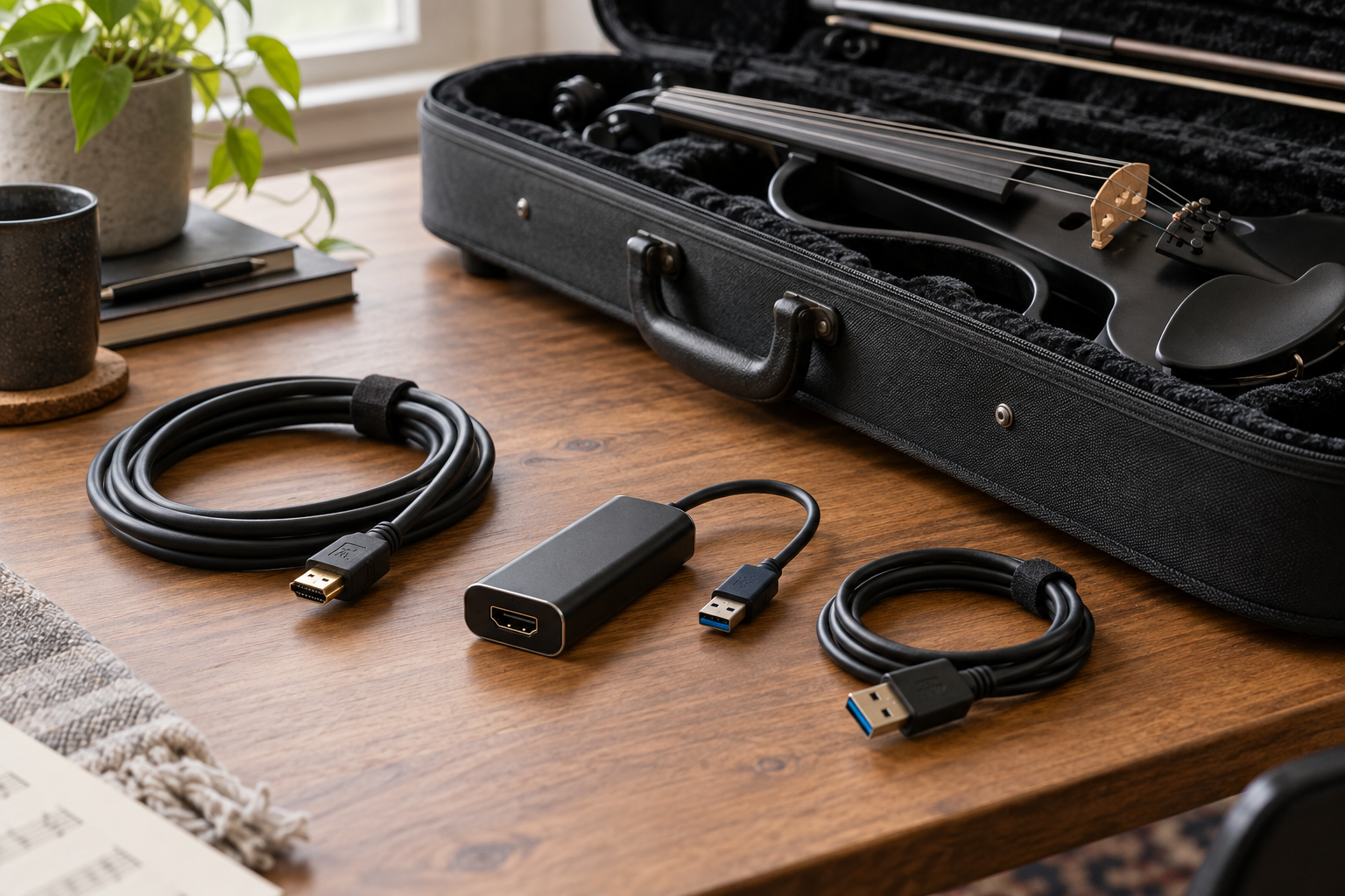 Компактен HDMI адаптер за видеозахват и навити кабели до отворен куфар за електрическа цигулка