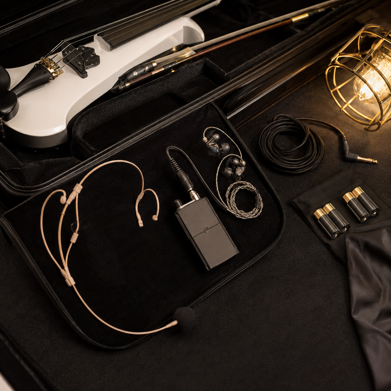 Backstage electric violin touring kit with headset микрофон, wireless bodypack, in-ear монитори, резервни батерии и подредени кабели