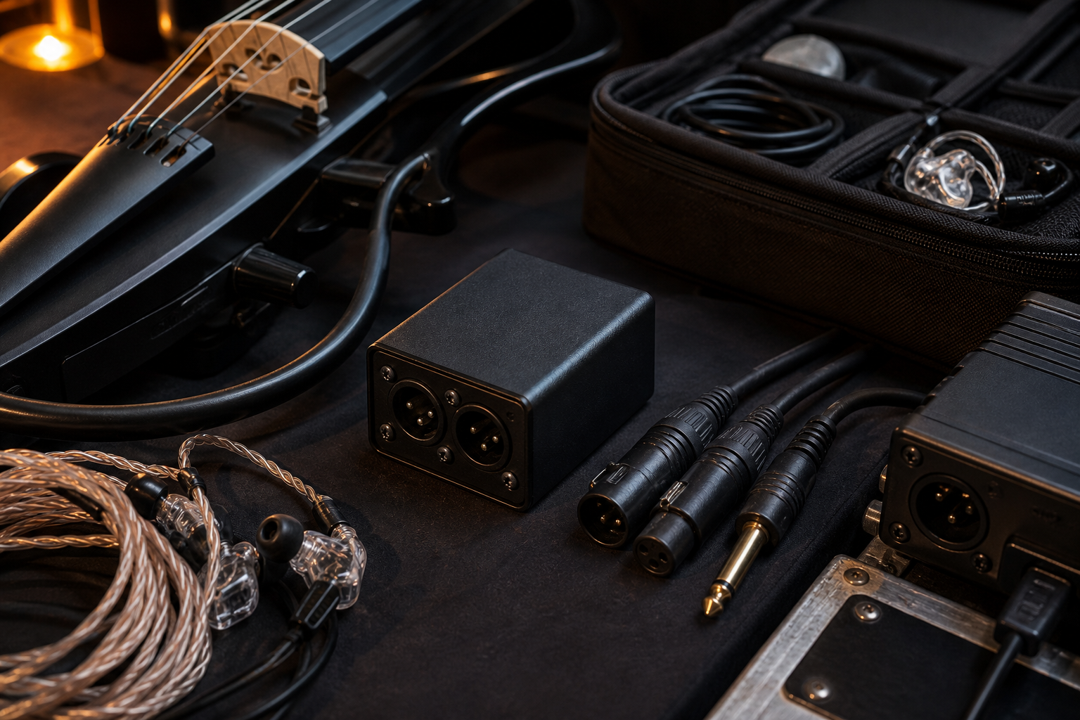 Close-up на electric violin troubleshooting kit с компактен stereo isolator, XLR адаптери, quarter-inch кабел и прозрачни in-ear монитори