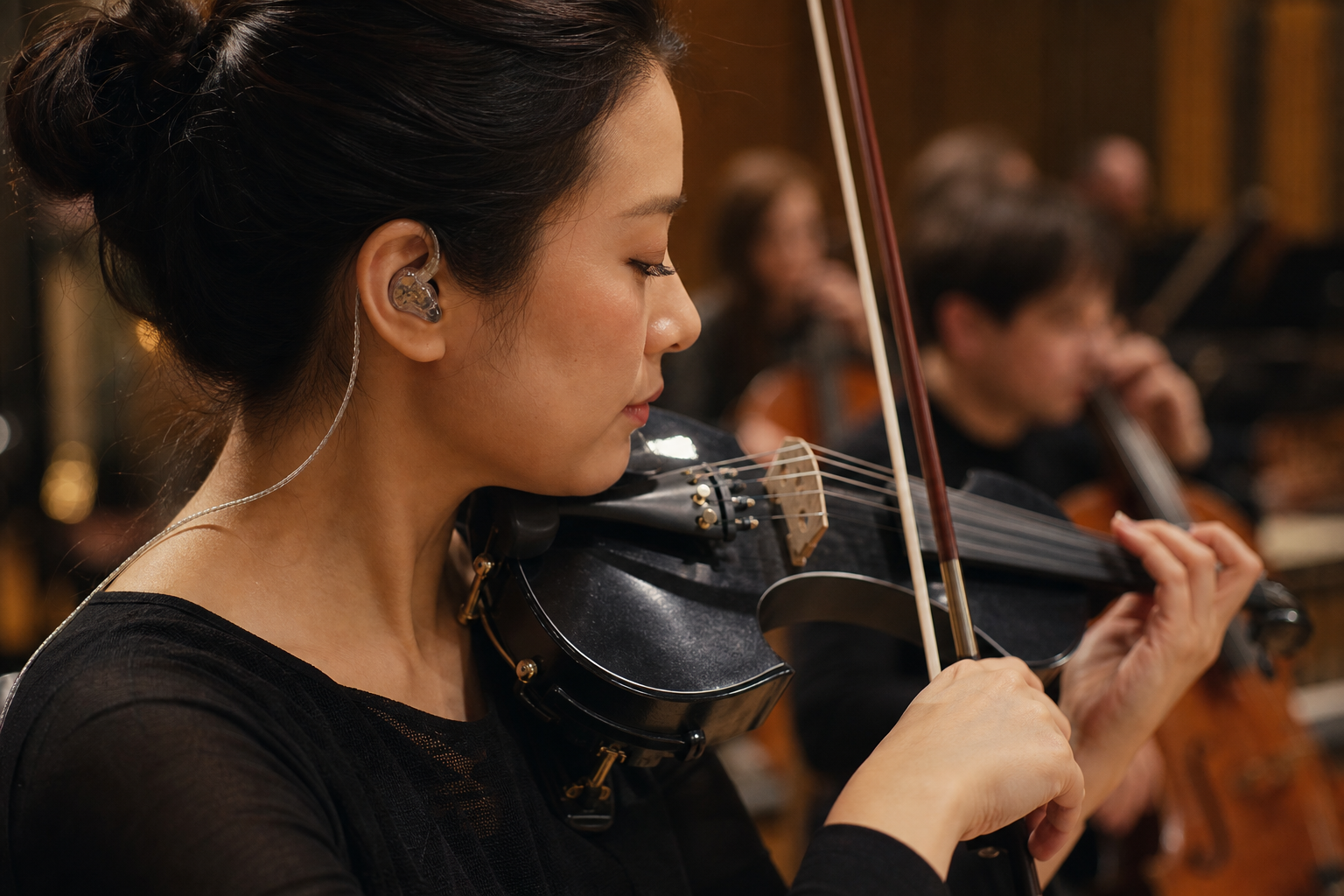 Близък план на изпълнителка на електрическа цигулка с прозрачни in-ear монитори по време на репетиция