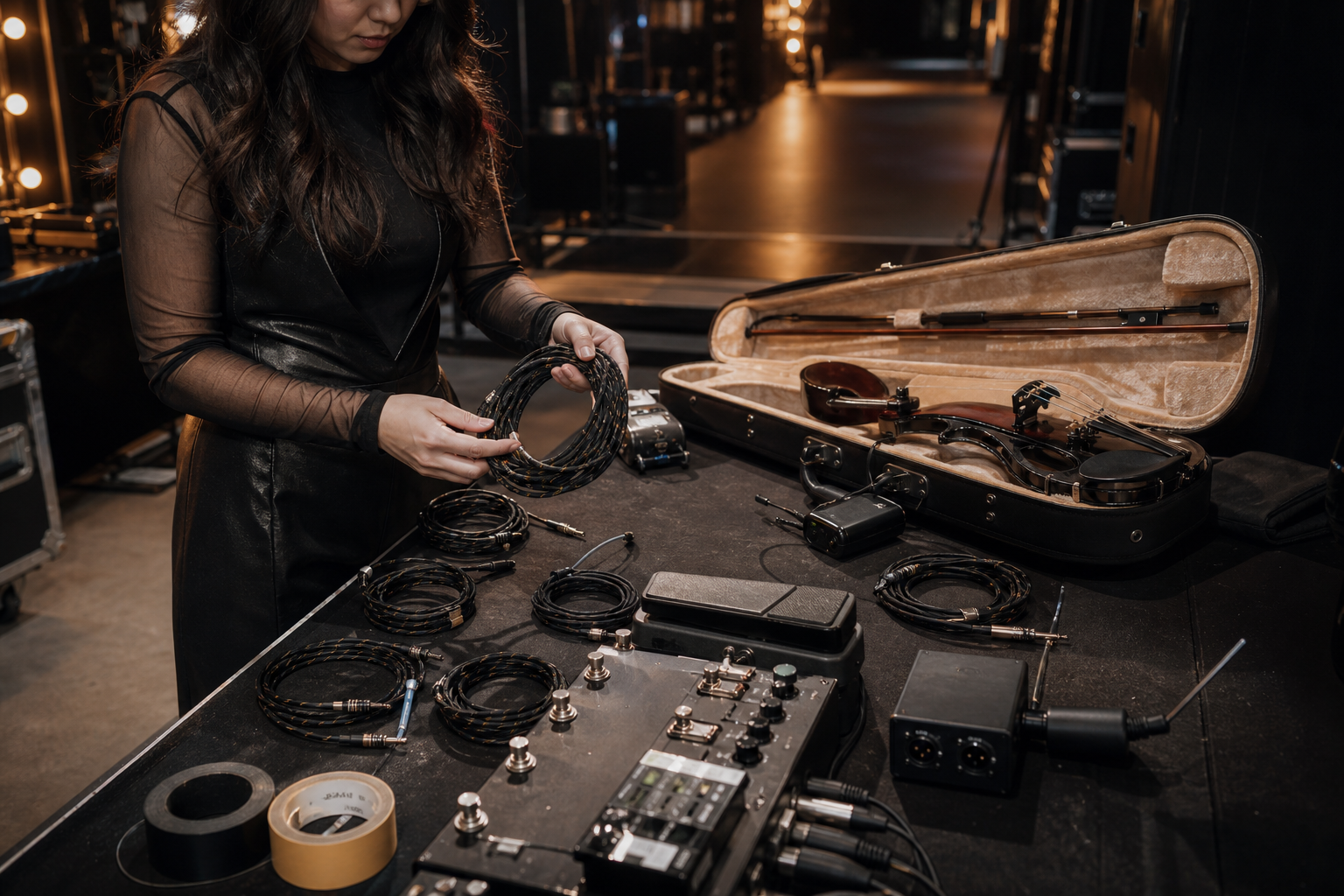 Electric violin изпълнител навива и подрежда няколко инструментални кабела до педалборд и отворен куфар зад сцената