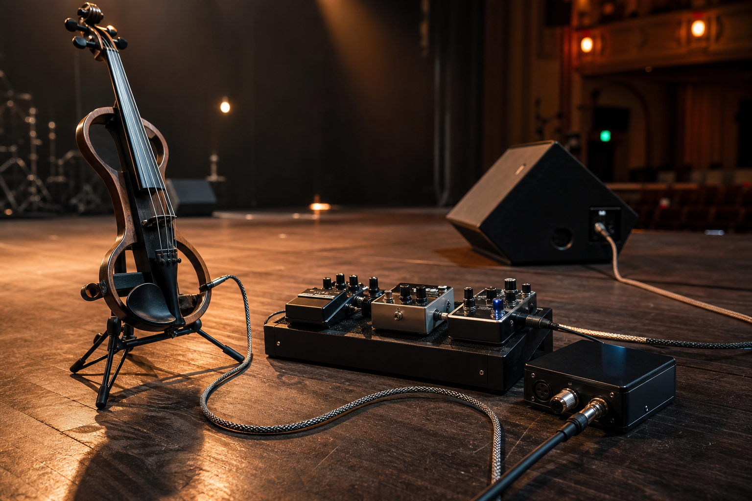 Electric violin сценичен риг с плетен кабел, подреден от стойка за цигулка към педалборд и DI кутия по време на soundcheck