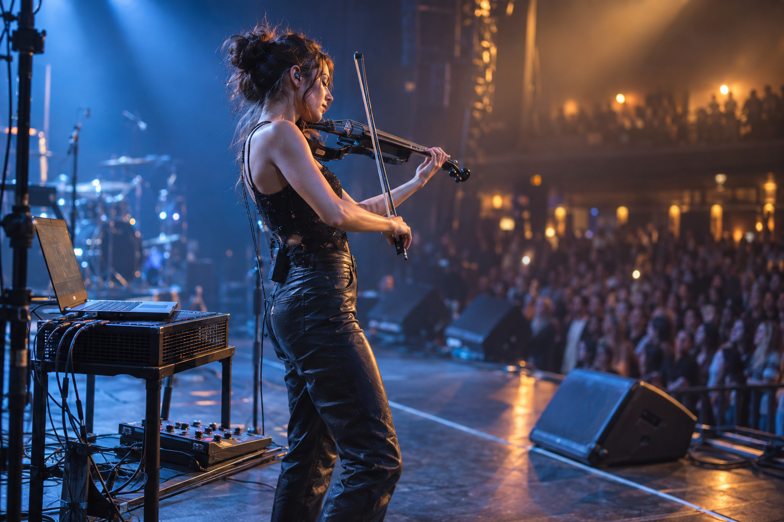 Electric violin солист на сцена до laptop playback риг върху cooling platform