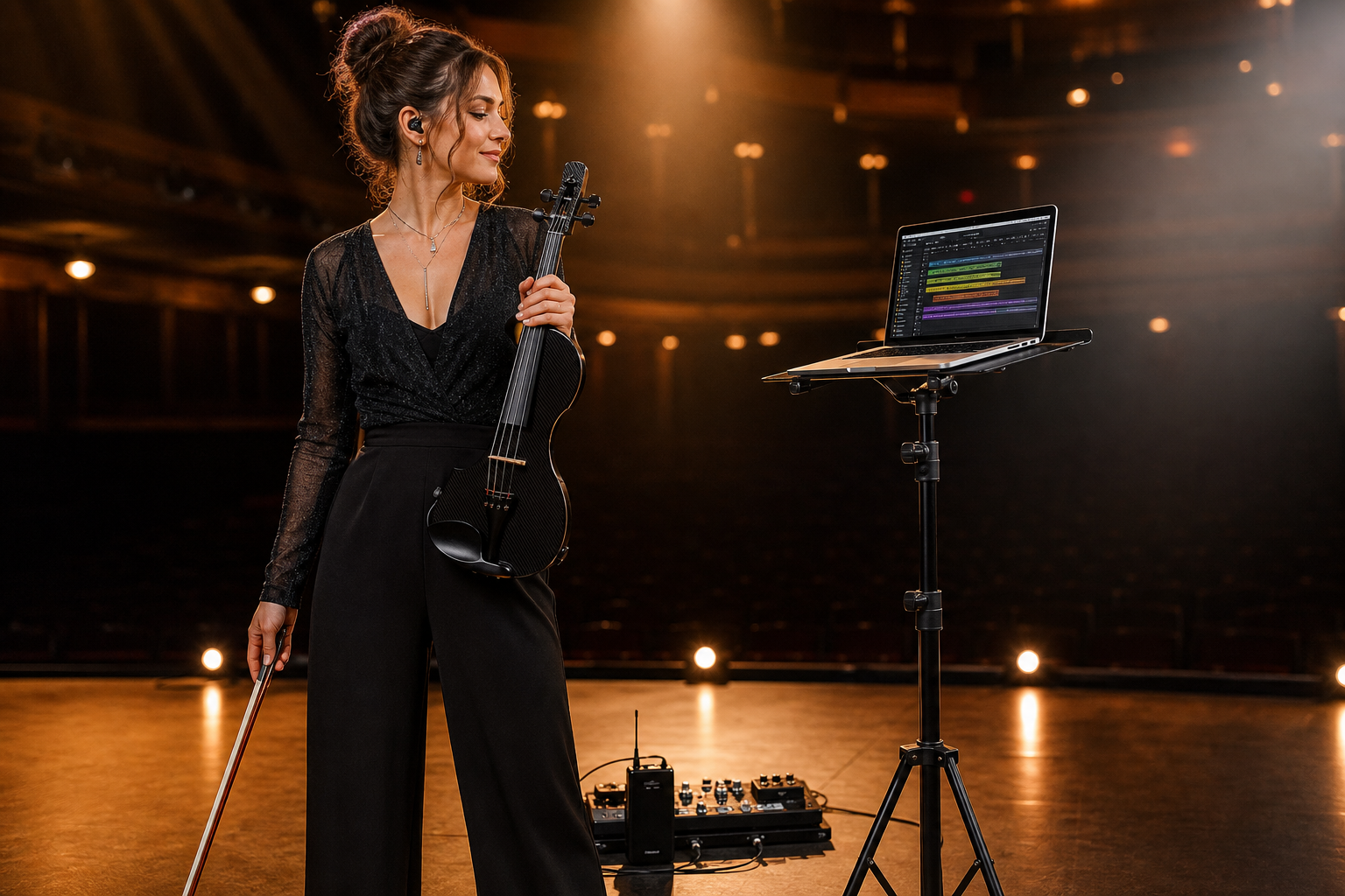 Най-добрите laptop stand решения за electric violin изпълнители с backing tracks, virtual rigs и livestream control — Tanya Strings blog article image