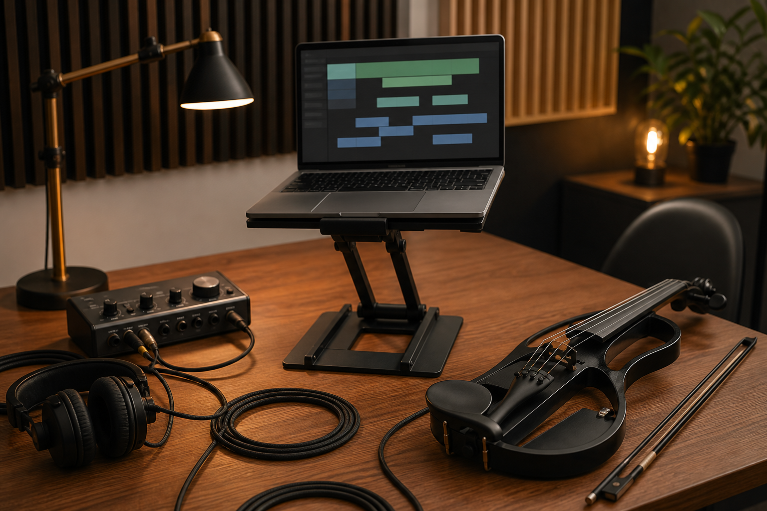 Compact tabletop laptop stand върху rehearsal desk до electric violin audio interface слушалки и подредени кабели